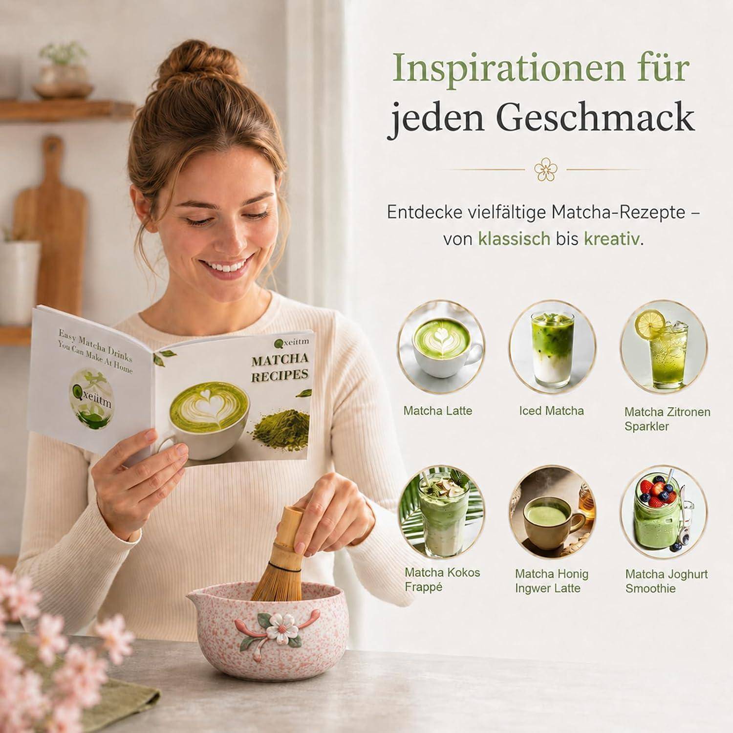 Frau liest eine „Matcha-Rezepte"-Broschüre während sie Matcha zubereitet; deutsche Anzeige sagt „Inspirationen für jeden Geschmack"" und zeigt sechs Matcha-Getränkeideen.