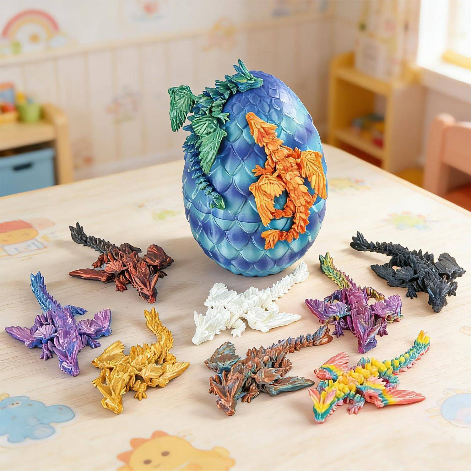 Bunte 3D-gedruckte Drachenfiguren, die um eine blaue, eiförmige Skulptur auf einem Tisch in einem Kinderzimmer angeordnet sind.