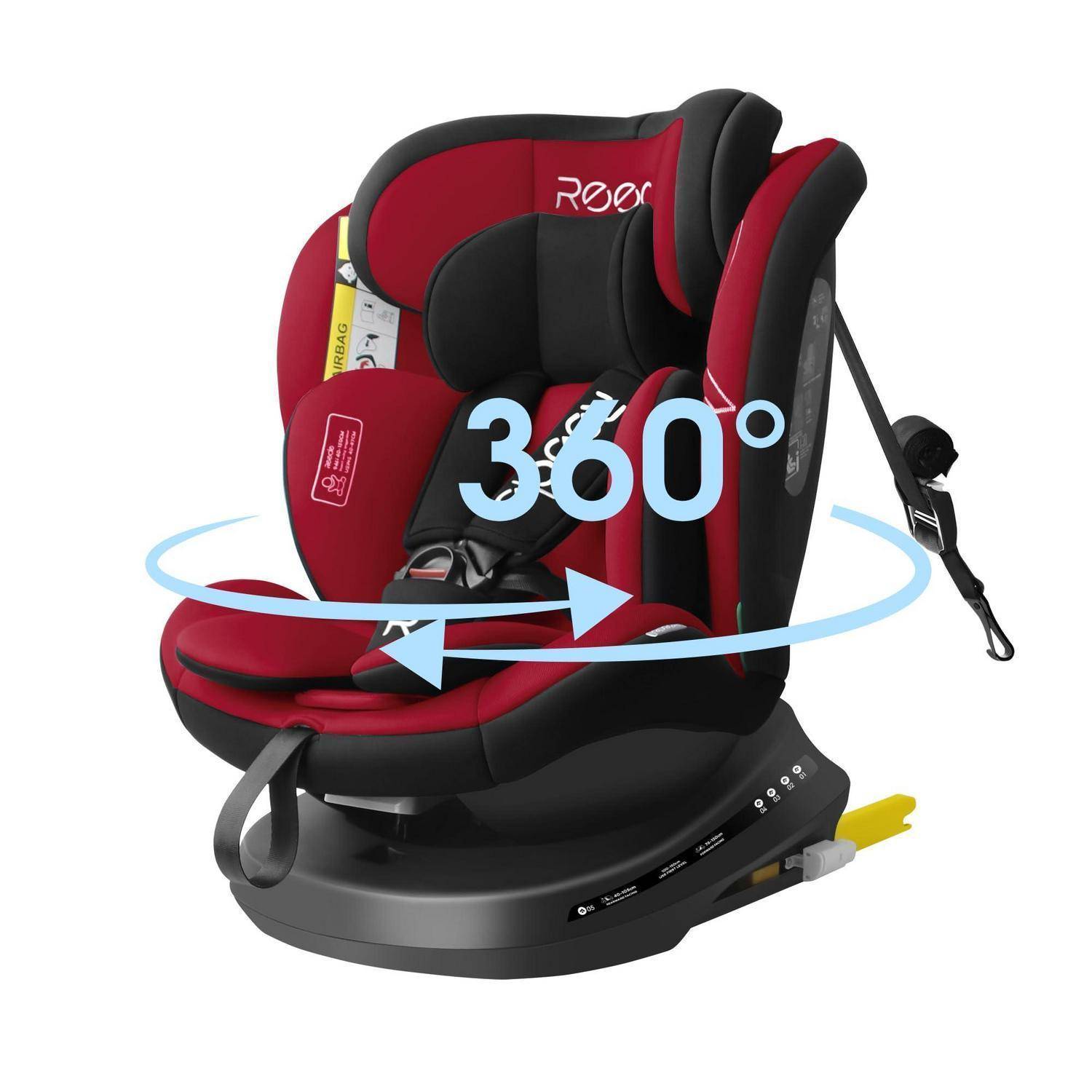 Roter und schwarzer Kindersitz mit rotierender Basis, mit der Beschriftung 360°, zeigt die vollständige Drehbewegung für leichteren Zugang.