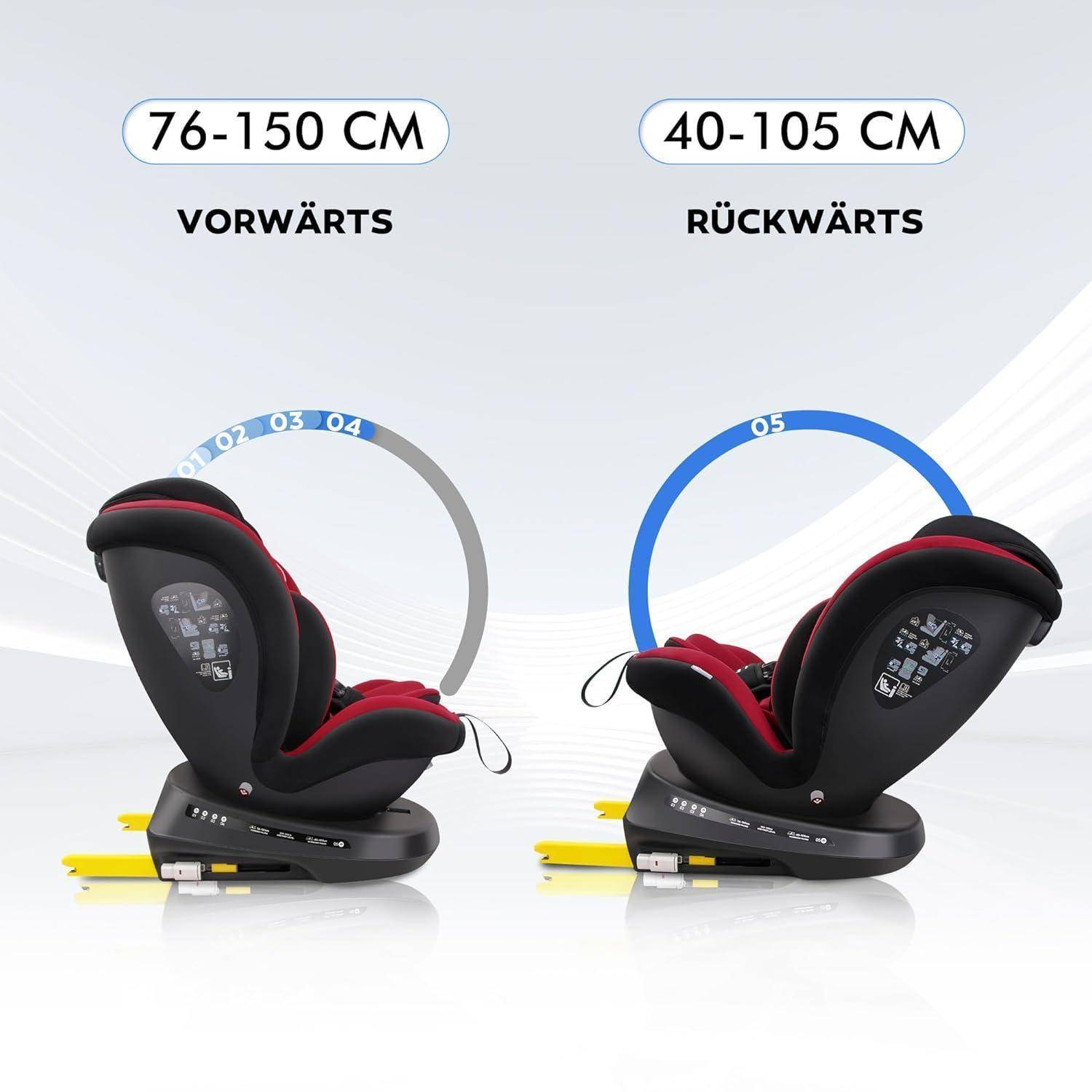 Reecle 360 Drehbar i-Size Kindersitz mit ISOFIX 40-150 cm (0-36 kg) Reboarder, ab Geburt -12 Jahre, ECE R129 (i-Size, Rot) Rot i-Size