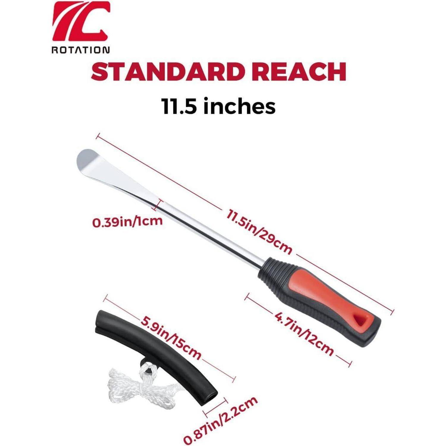 Produktdiagramm eines Greifers mit der Bezeichnung „STANDARD REACH" mit einer Reichweite von 11,5 Zoll, einem Kopf von 0,39 Zoll, einem Griff von 5,9 Zoll und einem Handgriff von 4,7 Zoll.