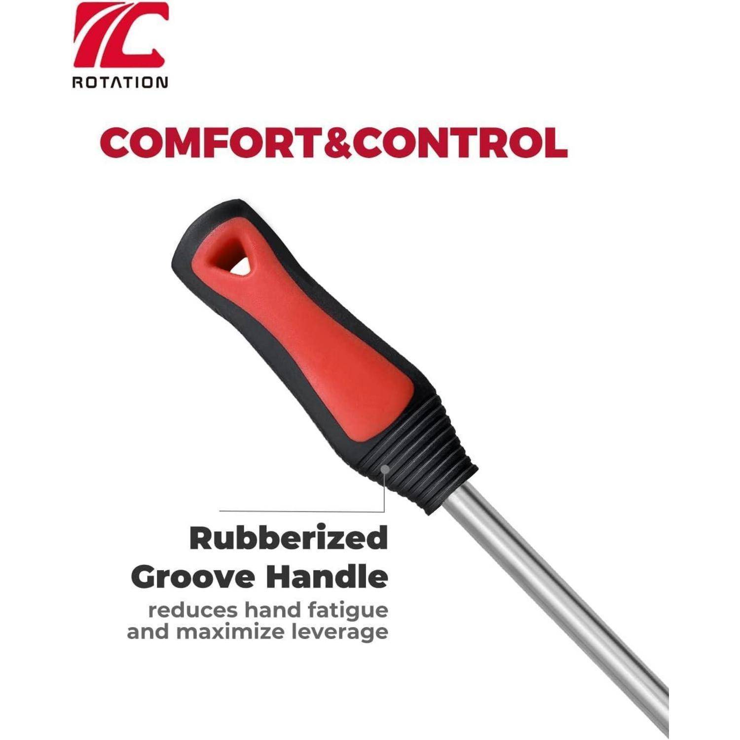 Werbebild eines rot-schwarzen Comfort & Control-Werkzeuggriffs mit rutschfestem gerilltem Griff, mit dem Label „reduziert Handermüdung und maximiert Hebelwirkung".