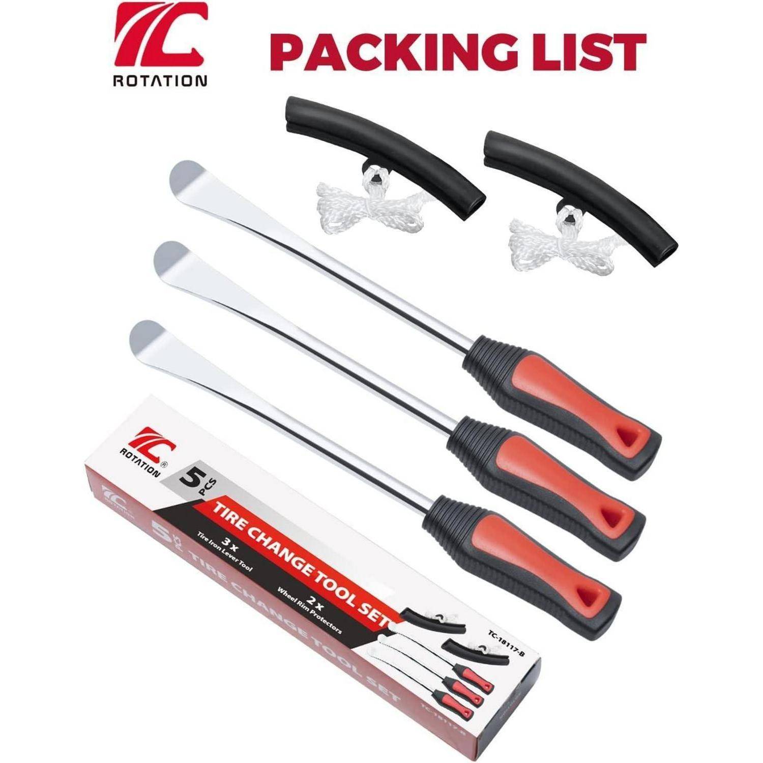 Packliste für einen Reifenwechsel-Werkzeugsatz: drei Reifenheber, zwei schwarze Felgenschützer und eine Schachtel mit der Bezeichnung „REIFENWECHSEL-WERKZEUGSATZ".