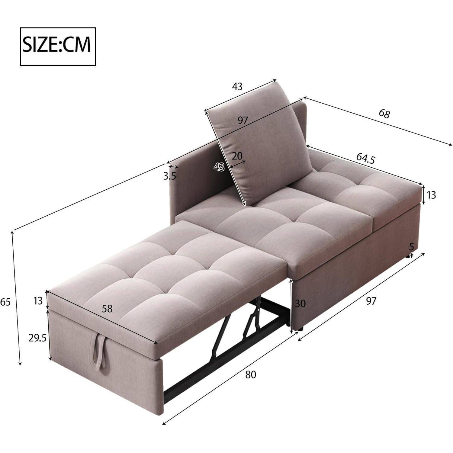 L-förmiges Schlafsofa mit gesteppten grauen Kissen, ausziehbarer Verlängerung und beschrifteten Abmessungen in cm, zeigt Größe und zusammengeklapptes/ausgestrecktes Layout.