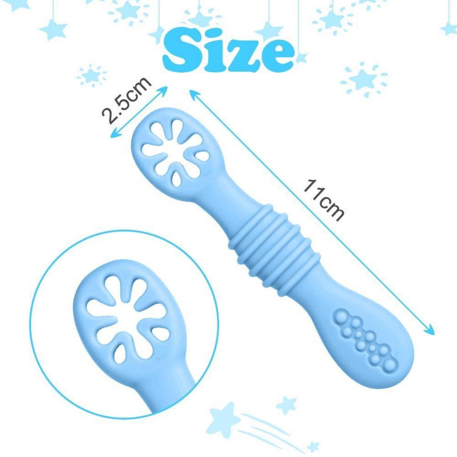Produktgrößenabbildung eines blauen Babyzahnungshilfe-Spielzeugs, beschriftet mit 11 cm Länge und 2,5 cm Breite, mit einer Nahaufnahme des strukturierten Endes.