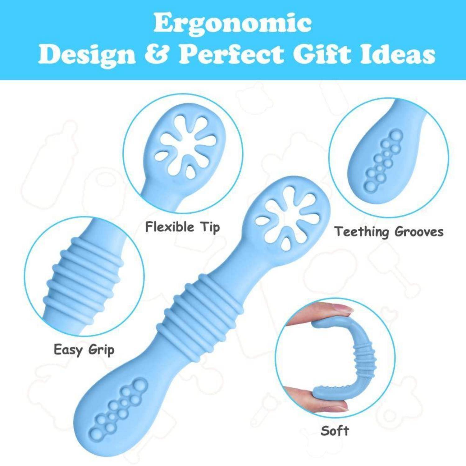 Blauer Beißring für Babys mit gekennzeichneten Merkmalen: leichter Griff, flexible Spitze, Zahnungs-Rillen und weiches Design für ergonomische Nutzung.
