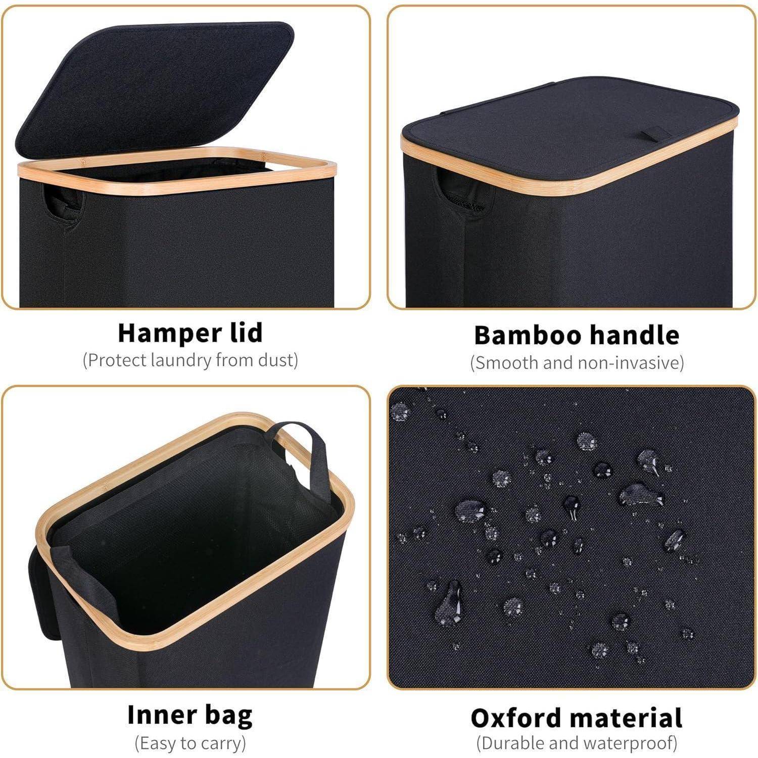 Produktgrafik mit einem schwarzen Wäschekorb mit Deckel, Bambusgriffen, innerer Tasche und Details zu wasserfestem Oxford-Material.