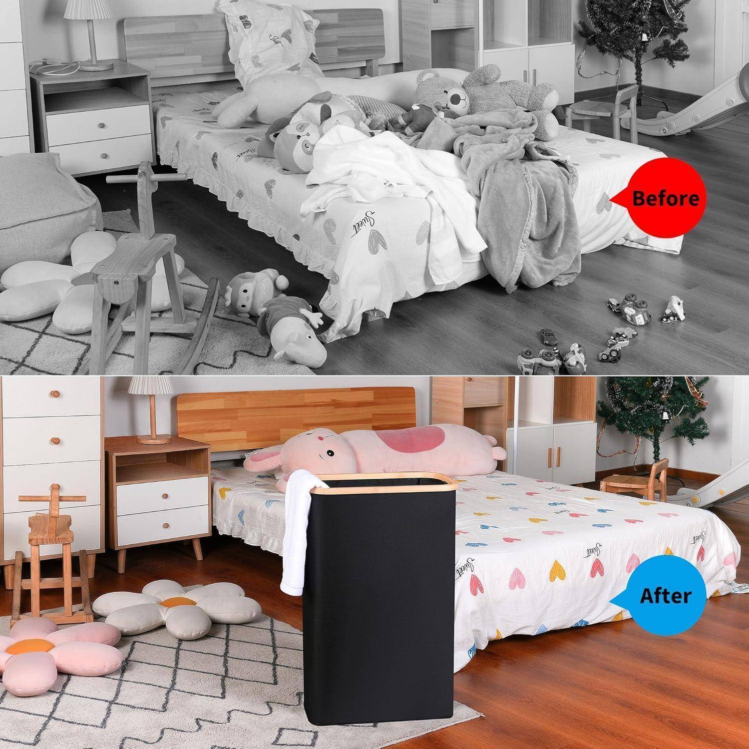 Vorher-und-Nachher-Schlafzimmer-Aufräumen: oben ist ein unordentliches Bett und Spielzeug zu sehen; unten zeigt der gleiche Raum ordentlich organisiert mit einem aufgeräumten Bett und freiem Boden.