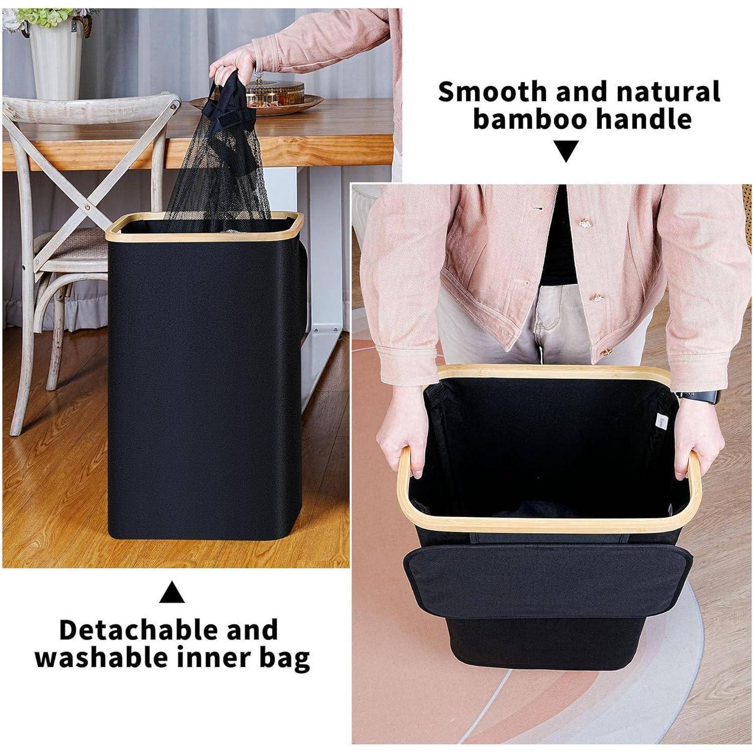 Produktbild eines schwarzen Wäschekorbs mit Bambusdeckel, abnehmbarem waschbarem Innenbeutel und glatten natürlichen Bambushenkeln.