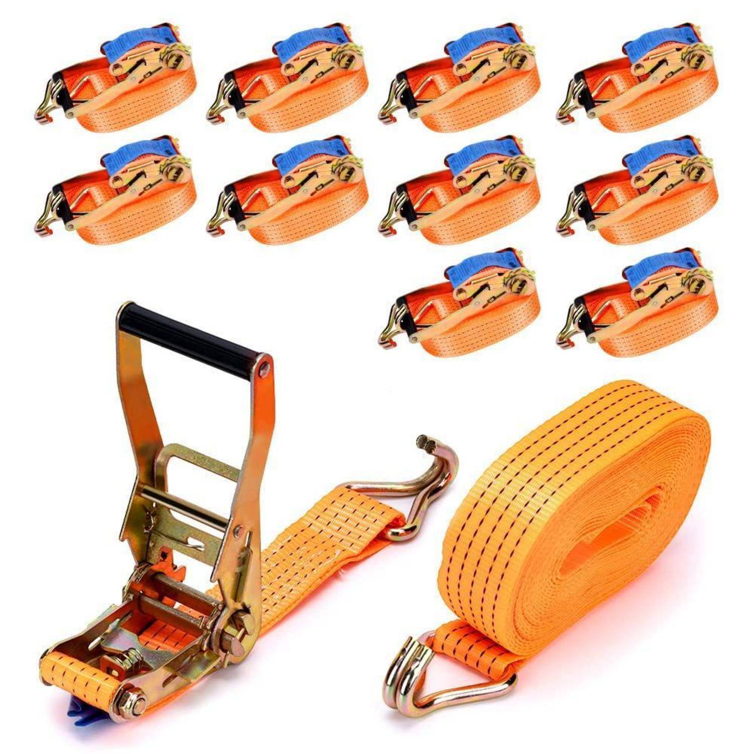 Orangefarbener Ratschenzurrgurt mit Metallschnalle und Haken, dargestellt als aufgerollter Gurt, offener Ratschenmechanismus und mehrere kleine Gurtabbildungen.
