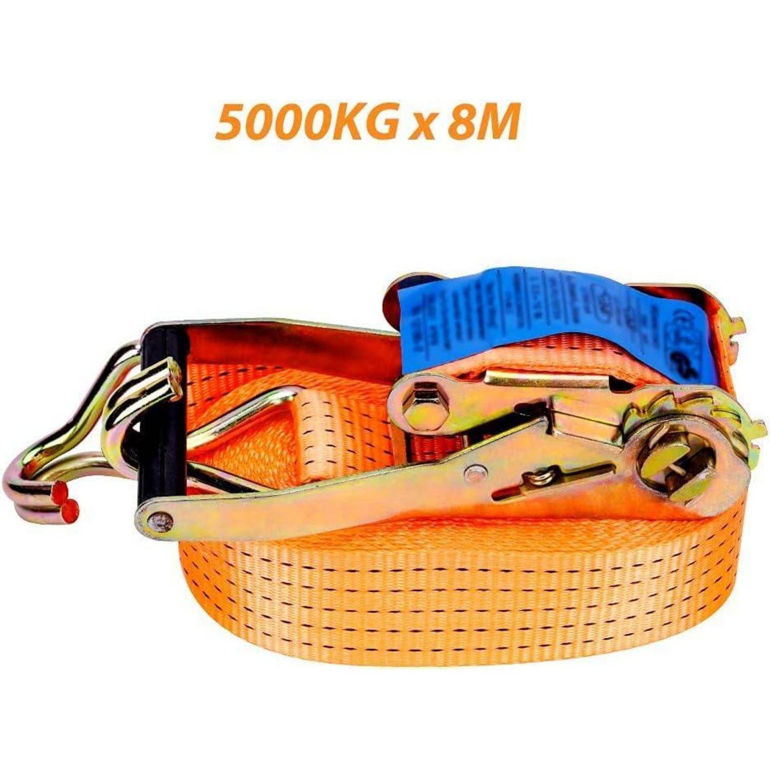 Orange Ratschengurt mit Metallhaken, beschriftet mit „5000KG x 8M