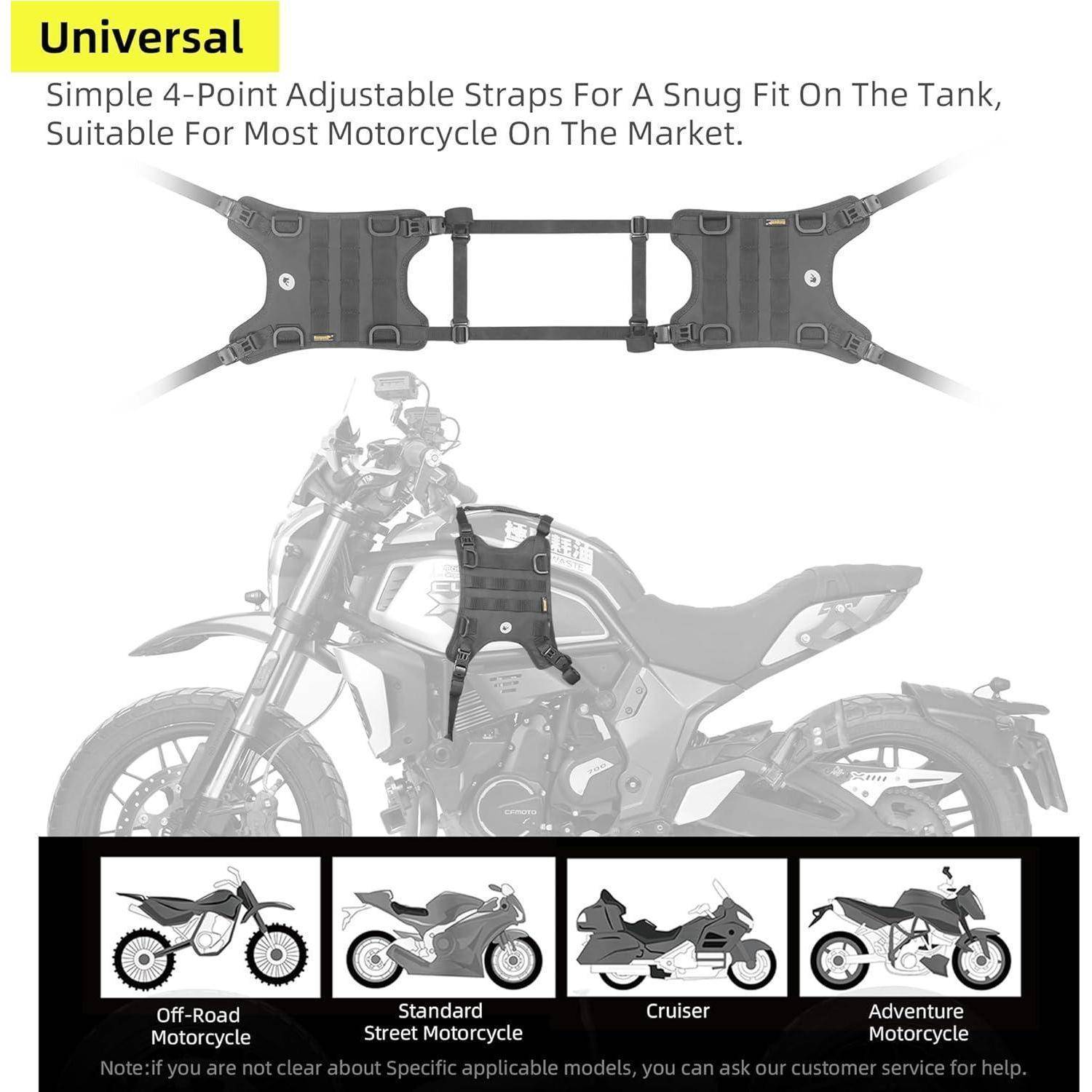Universelle verstellbare 4-Punkt-Motorrad-Tankgurte, montiert auf einem Motorrad gezeigt, mit Text, der besagt, dass sie zu den meisten Motorrädern passen, und kleine Symbole für Off-Road-, Straßen-, Cruiser- und Adventure-Modelle.