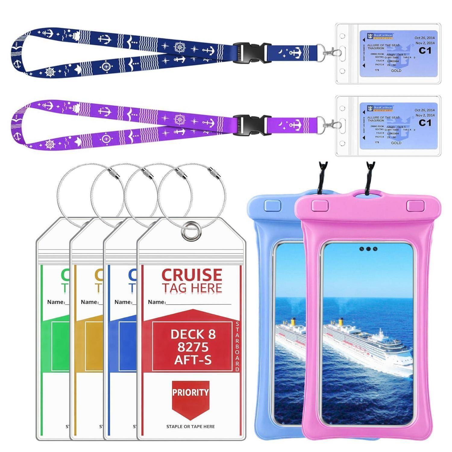 Wasserfeste Kreuzfahrt-Halsbänder und Ausweishalter-Sets in Blau und Rosa, gezeigt mit Beispielfahrtkarten und Etikett-Einsätzen.