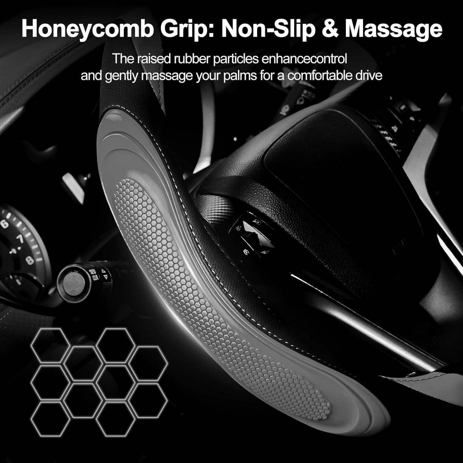 Autositzauflage mit Wabenmuster-Griffoberfläche, beschriftet mit „Honeycomb Grip: rutschfest und Massage", gezeigt als Nahaufnahme in einem Auto.