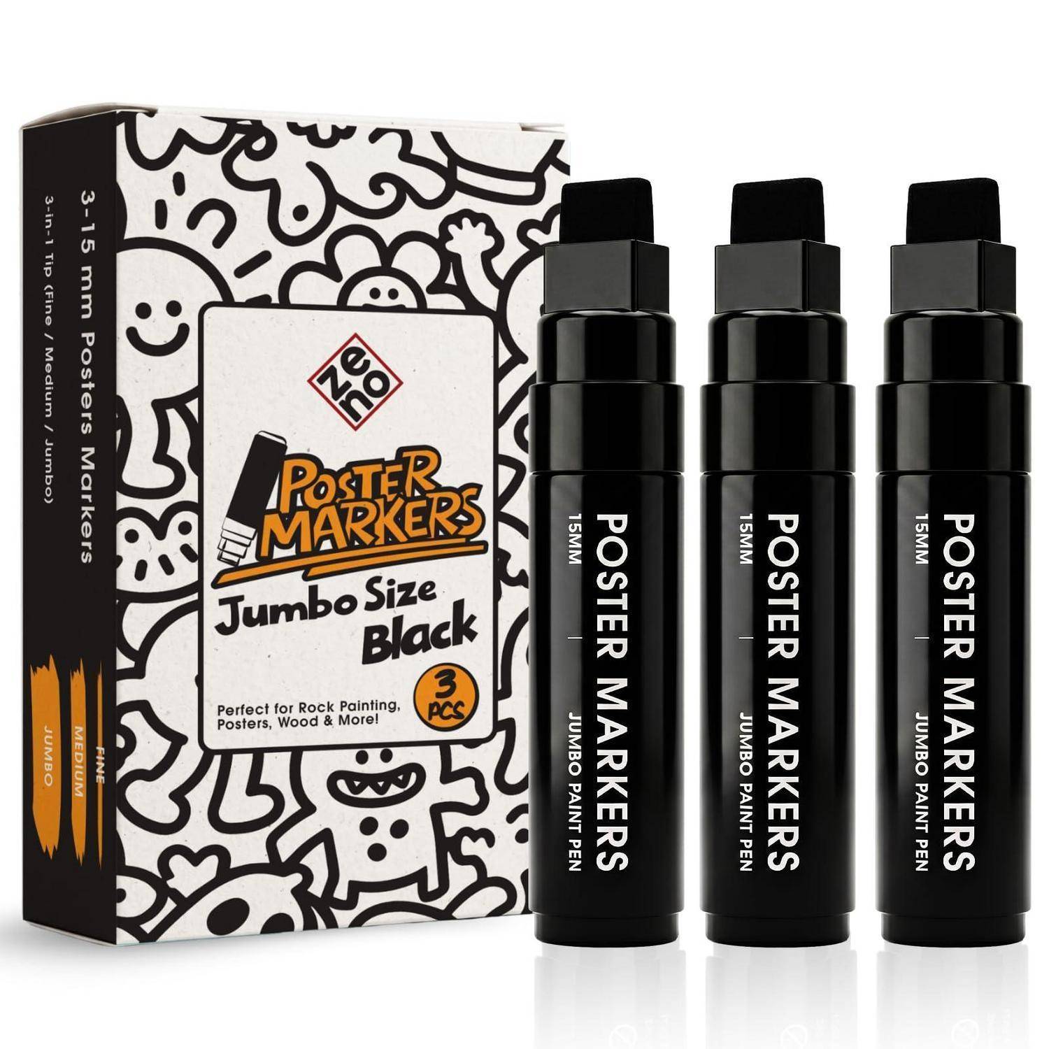 Produktbild von Zenho Poster Markers jumbo schwarze Malstiften, 3er-Pack, mit Verpackung neben drei Markern gezeigt.
