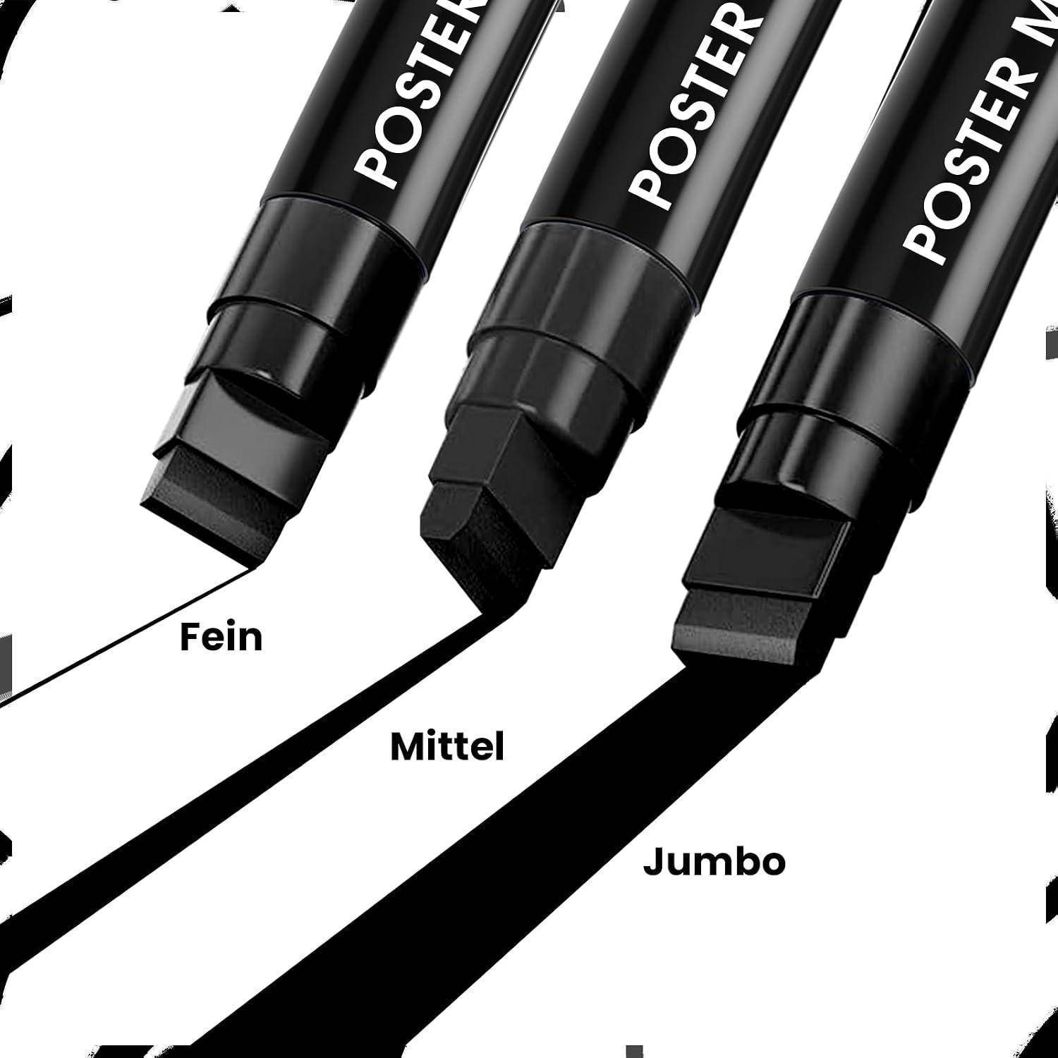 Drei schwarze Poster-Marker-Stifte mit den Aufschriften „Fein