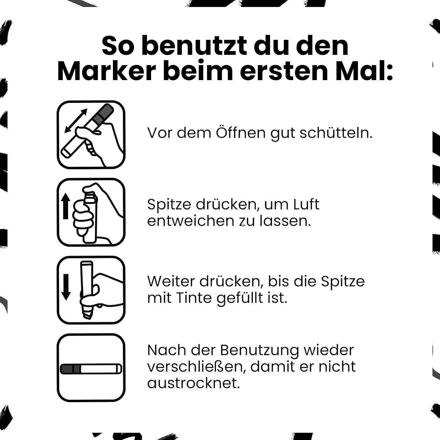 Marker-Gebrauchsanweisung für die erste Verwendung: Gut schütteln, Spitze drücken, um Luft freizusetzen, weiter drücken, bis Tinte die Spitze füllt, dann nach Gebrauch verschließen, um Austrocknung zu verhindern.