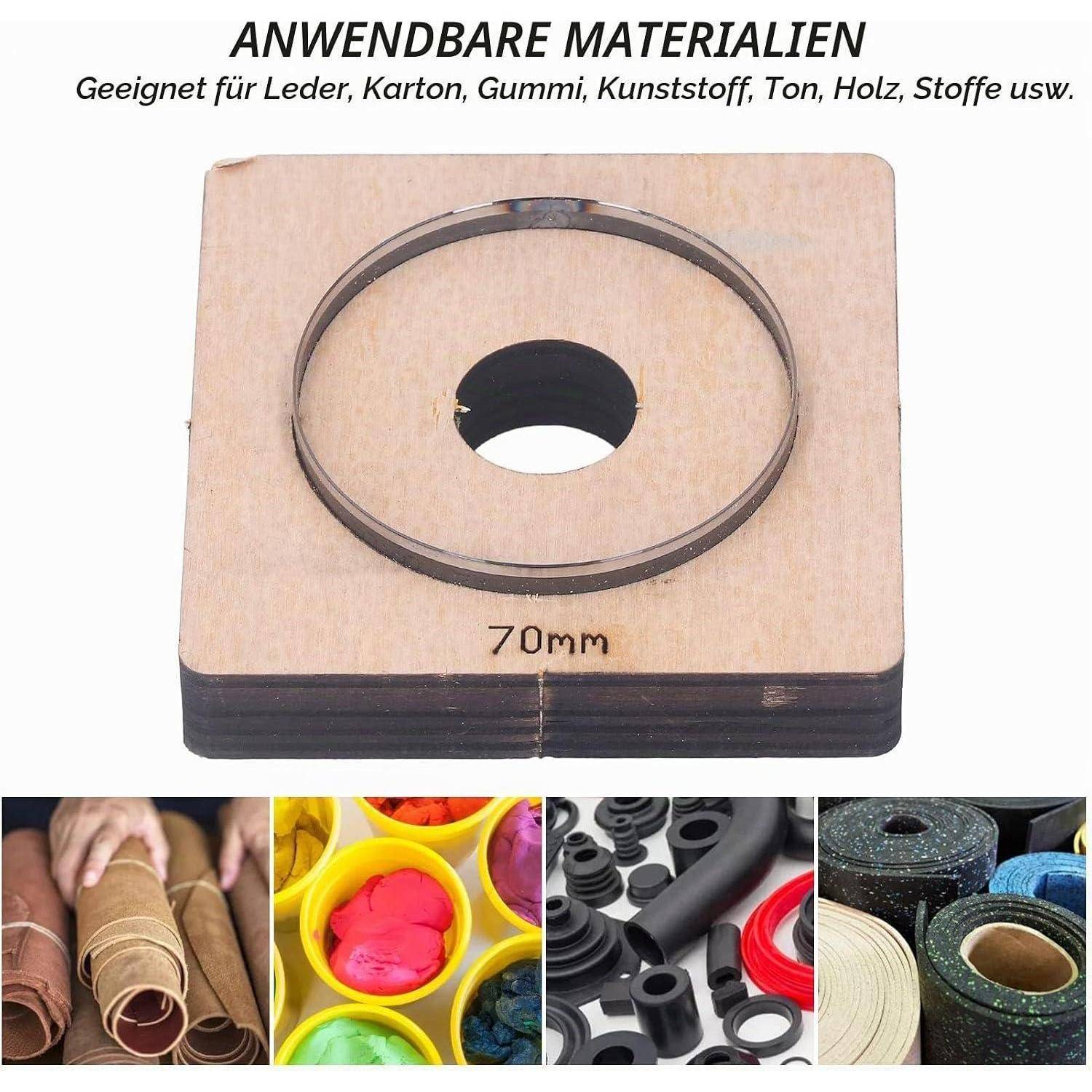 Rundes Schneidewerkzeug auf einem Holzblock, beschriftet mit „70 mm", zum Schneiden von Materialien wie Leder, Pappe, Gummi, Kunststoff, Ton, Holz und Stoff.