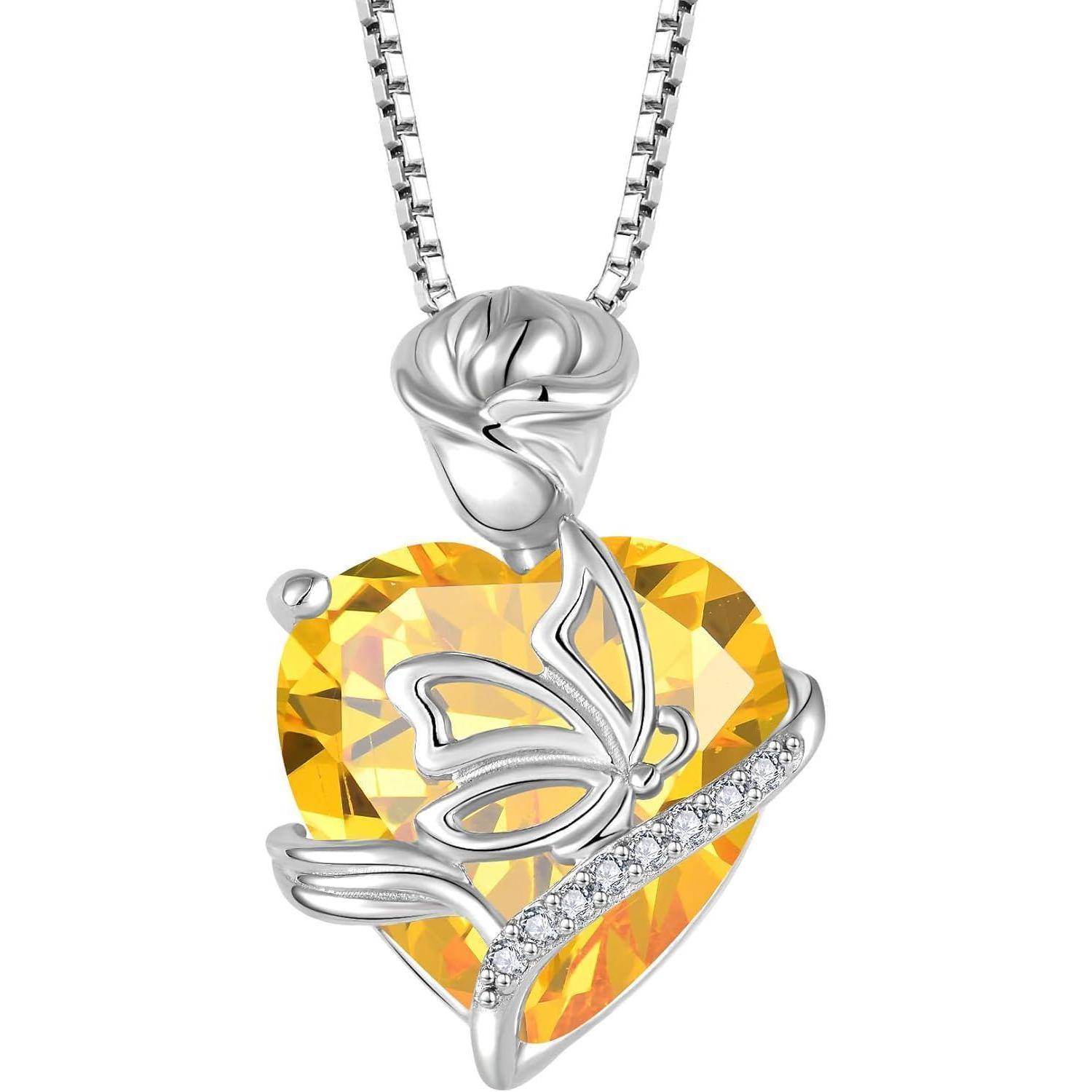FJ Herz Geburtsstein Kette Damen 925 Sterling Silber Schmetterling Kette Anhänger Rose Blume Halskette Schmuck Geschenke für Frauen Mutter Freundin