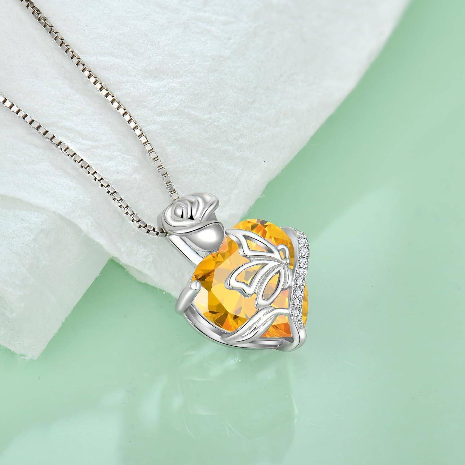 FJ Herz Geburtsstein Kette Damen 925 Sterling Silber Schmetterling Kette Anhänger Rose Blume Halskette Schmuck Geschenke für Frauen Mutter Freundin