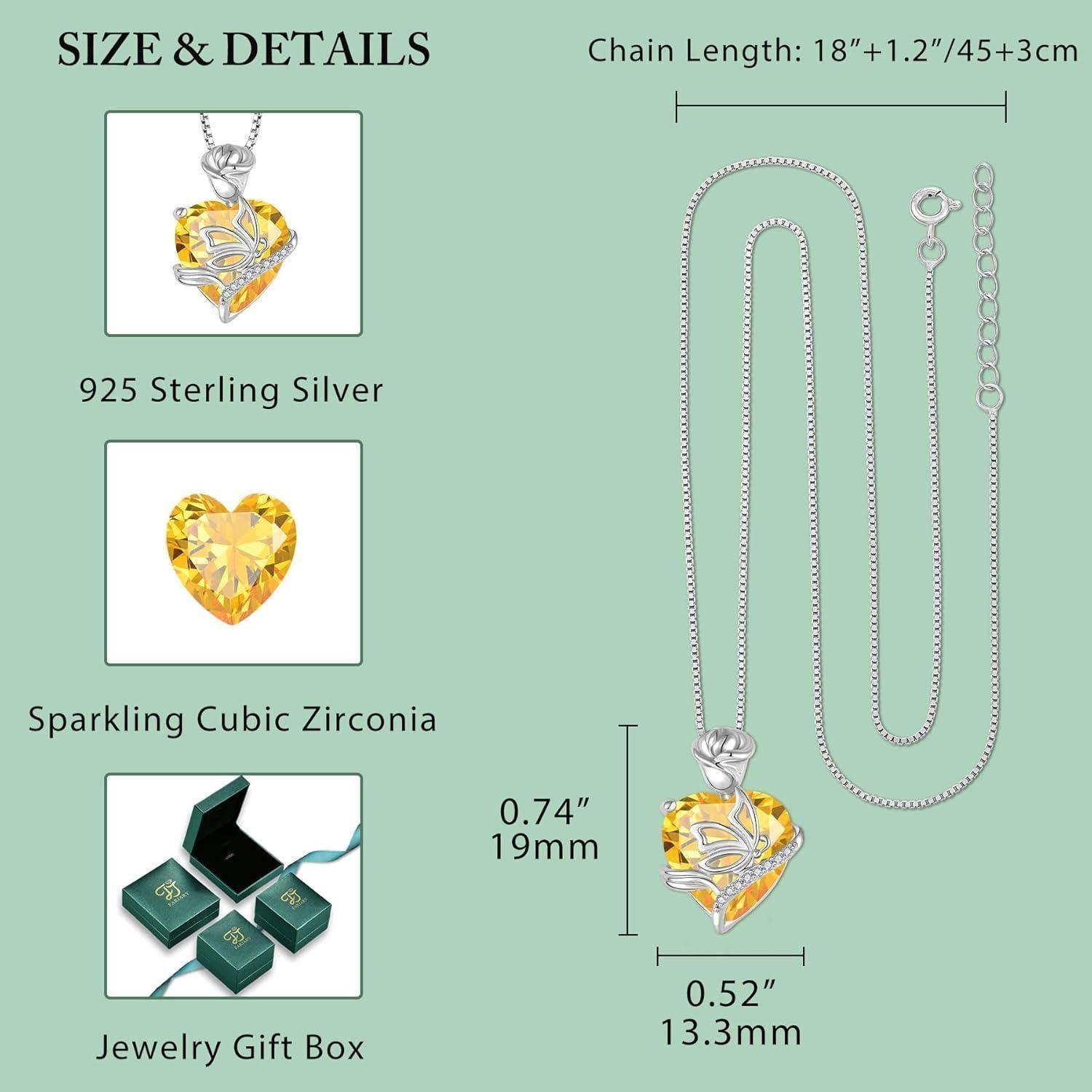 FJ Herz Geburtsstein Kette Damen 925 Sterling Silber Schmetterling Kette Anhänger Rose Blume Halskette Schmuck Geschenke für Frauen Mutter Freundin