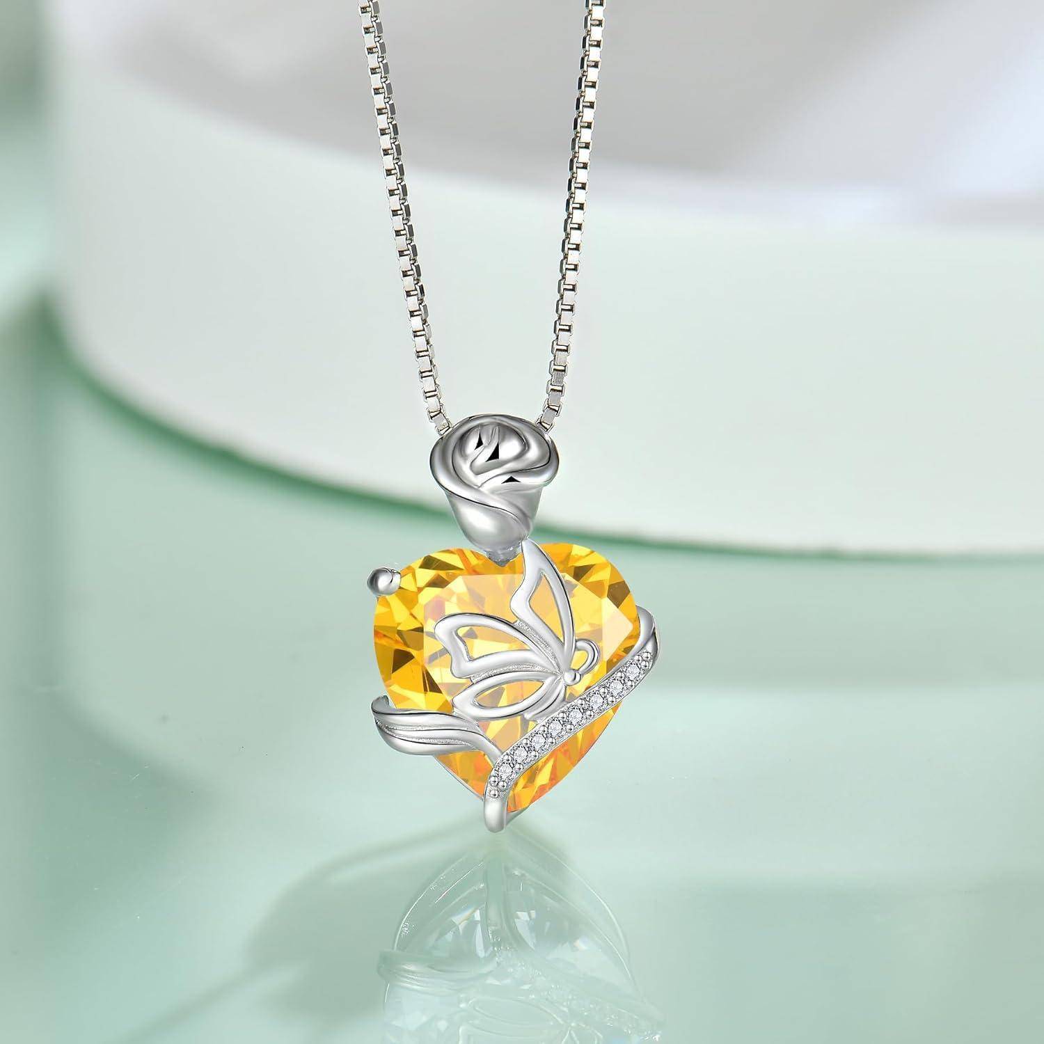 FJ Herz Geburtsstein Kette Damen 925 Sterling Silber Schmetterling Kette Anhänger Rose Blume Halskette Schmuck Geschenke für Frauen Mutter Freundin