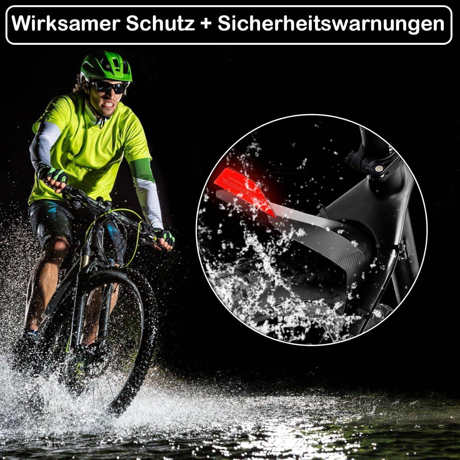 Radfahrer in leuchtend grüner Ausrüstung fährt durch Wassernebel; die Vergrößerung zeigt eine Nahaufnahme eines Fahrradrahmens mit rotem Reflektor. Text: 'Wirksamer Schutz + Sicherheitswarnungen'.