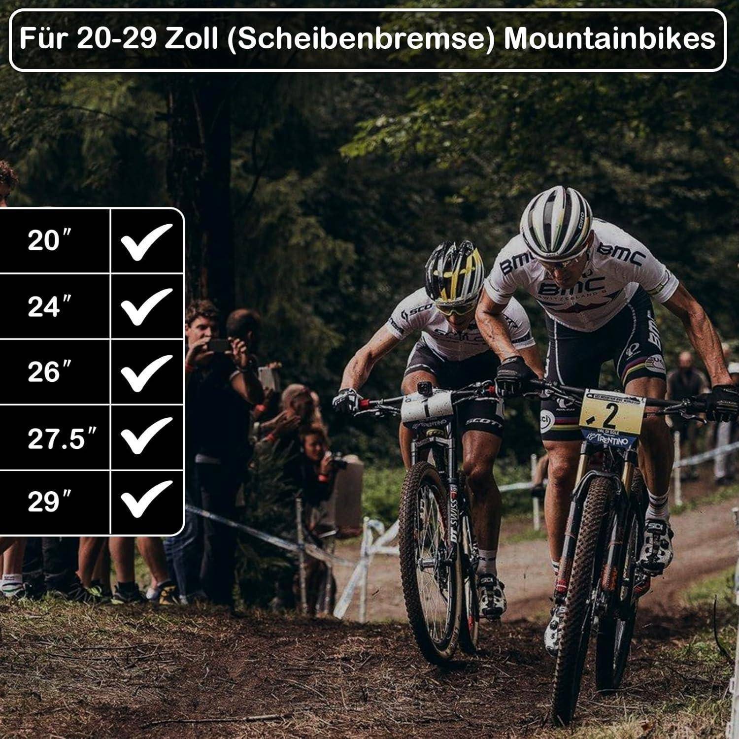 Mountainbiker fahren auf einem Pfad mit einer Überlagerung mit der Aufschrift „Für 20-29 Zoll (Scheibenbremse) Mountainbikes" und einer Größentabelle, die 20"", 24"", 26"", 27,5"" und 29"" mit Häkchen zeigt.