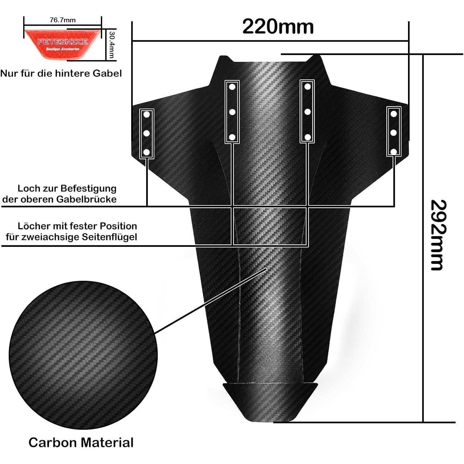 Dimensionierte Carbon-Faser-Motorrad-Vorderschutzblech-Vorlage, 220 mm breit mal 292 mm lang, mit beschrifteten Befestigungslochpositionen in deutscher Sprache.