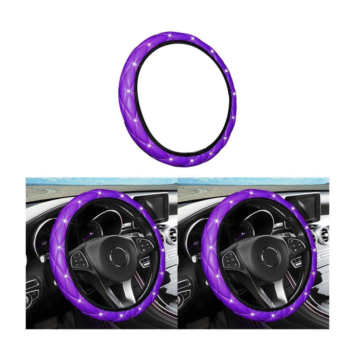 Lila glitzernde Lenkradbezug allein gezeigt und auf einem Auto-Lenkrad montiert, mit zwei Innenansichten des installierten Bezugs.