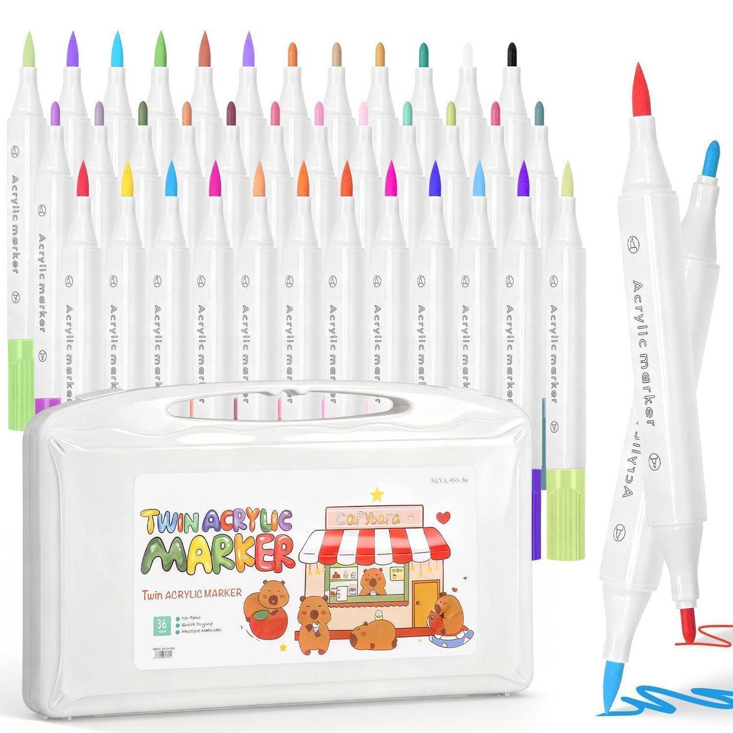 Satz mit doppelseitigen Acrylmarkern in vielen Farben mit einer transparenten Tragetasche mit der Aufschrift „TWIN ACRYLIC MARKER