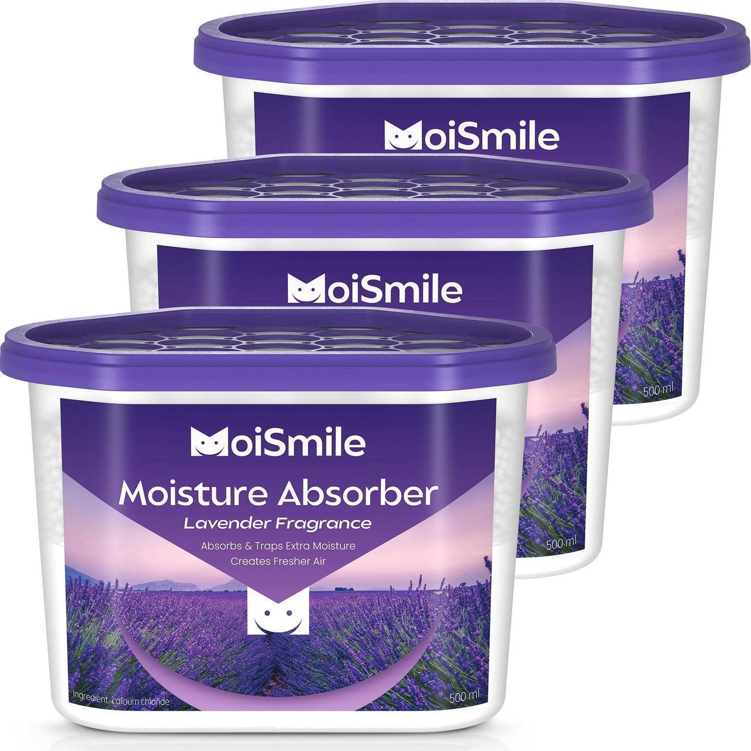 Drei MoiSmile Feuchtigkeitsabsorber-Behälter mit Lavendelduft, gestapelt in lila-weißer Verpackung gezeigt.