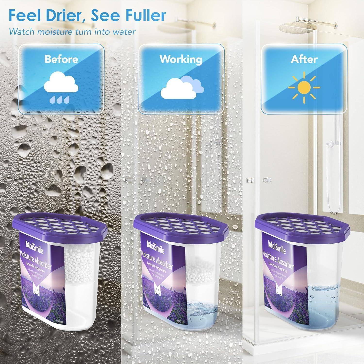 Moismlie Lavendel Duft Feuchtigkeitsabsorber 6er Pack – nachfüllbare 10,5 oz. Feuchtigkeitsabsorber-Boxen für Schrank, Bad, Auto und Keller 6 Stü