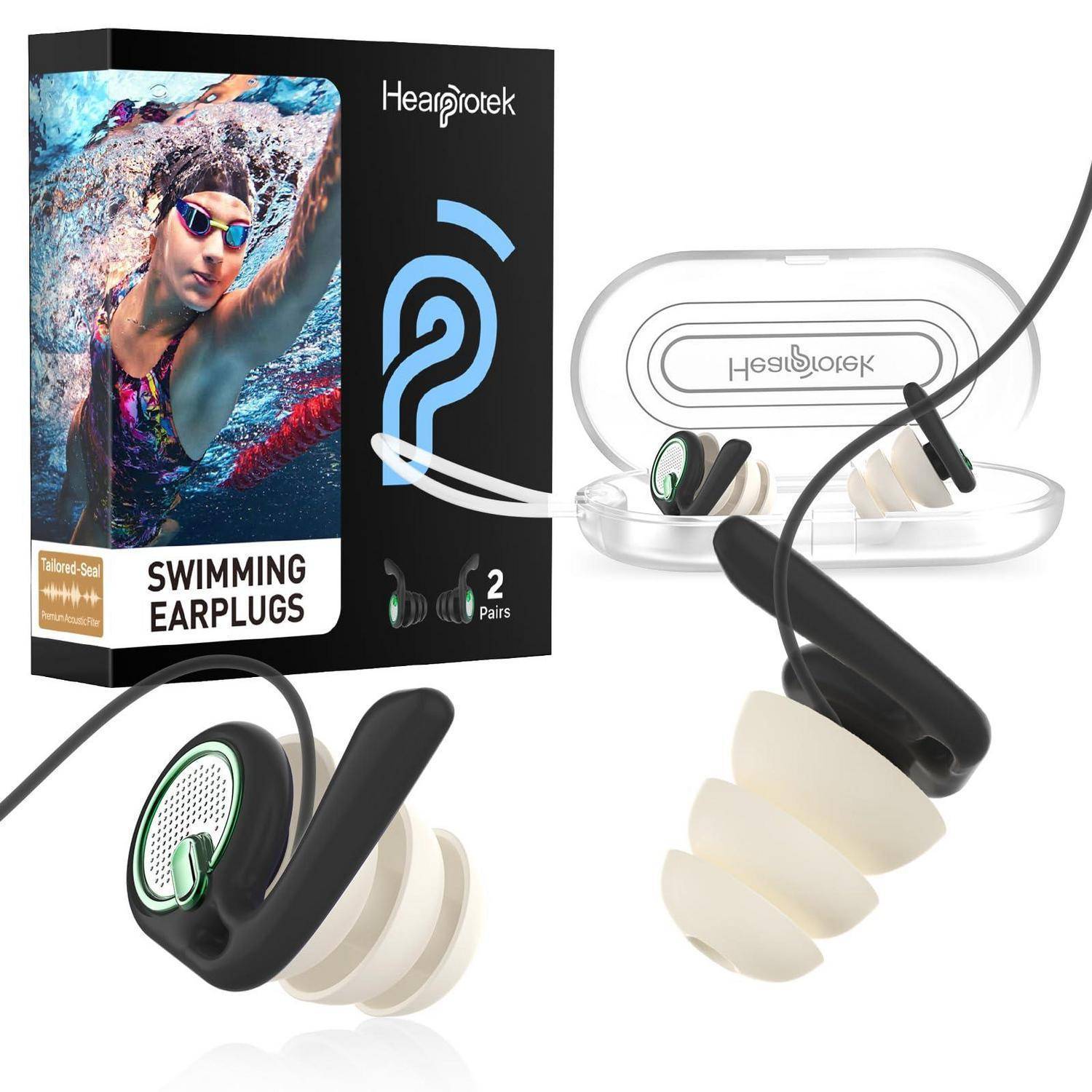 Produktbild von Hearprotek Schwimm-Ohrstöpseln in einem durchsichtigen Behälter, das zwei schwarz-weiße Silikon-Ohrstöpsel und eine Verpackung mit der Bezeichnung „SWIMMING EARPLUGS