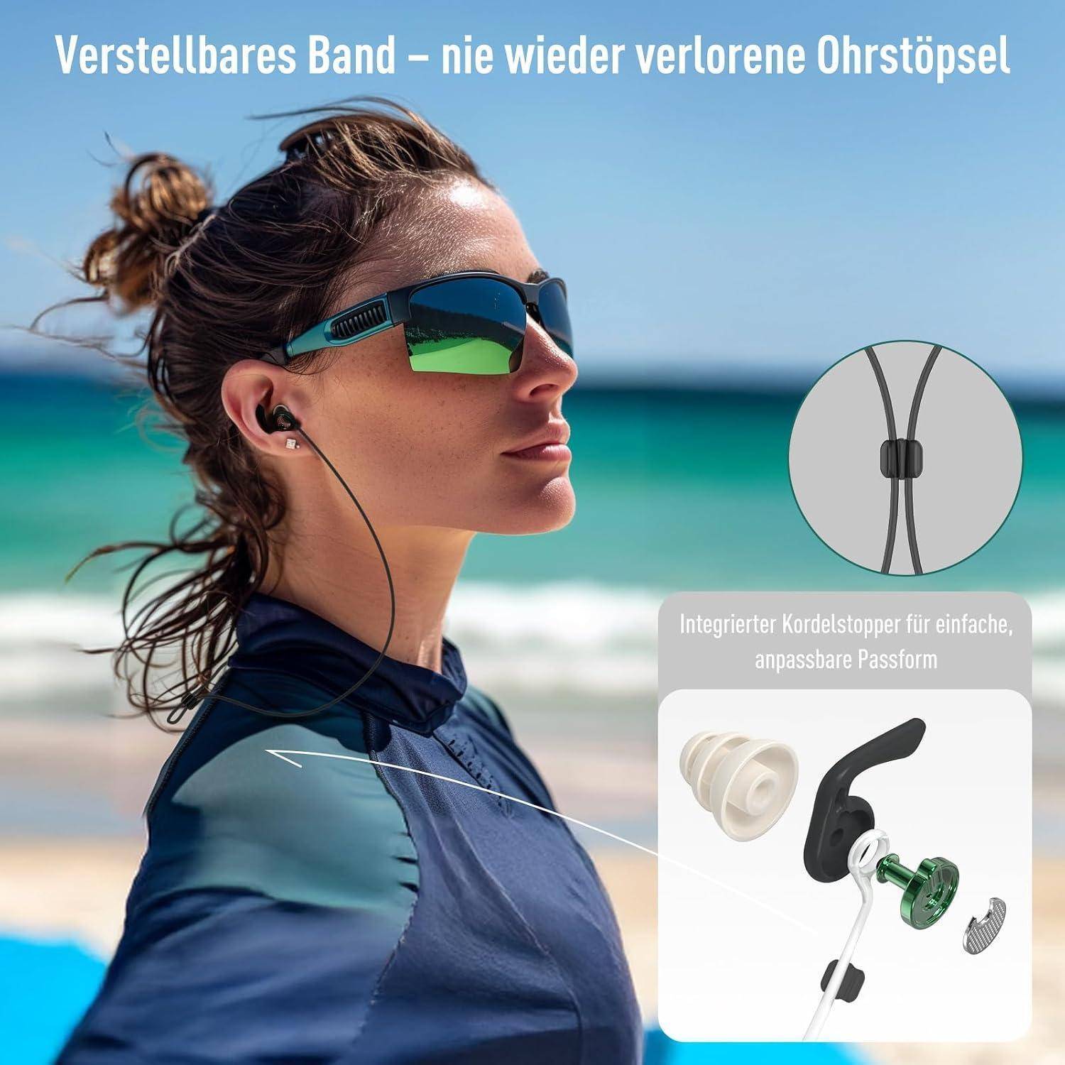 Frau, die eine Sonnenbrille und Kopfhörer am Strand trägt, bewirbt ein wiederverwendbares Kabel zur Vermeidung von verlorenen Kopfhörern.