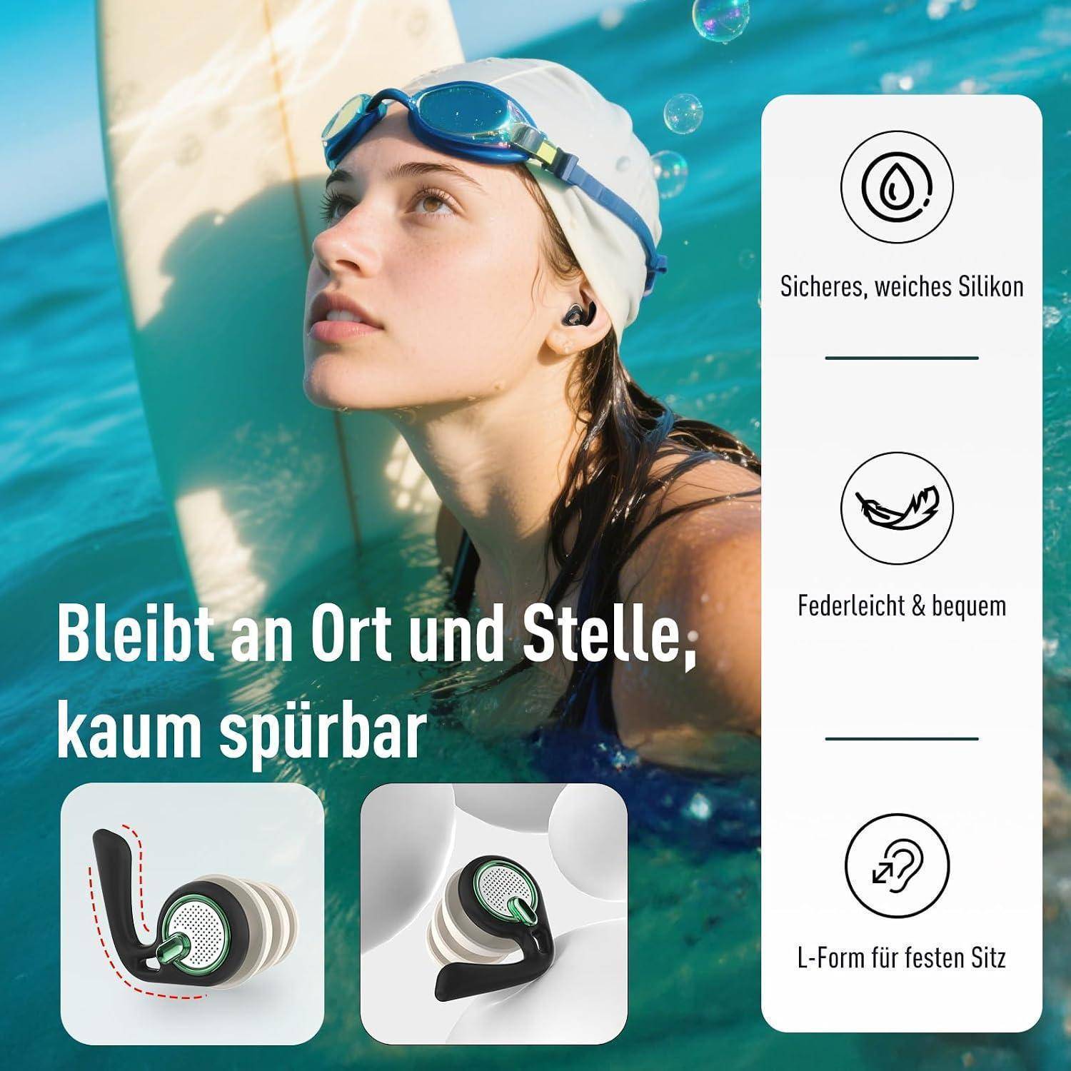 Deutsches Inserat mit einem Schwimmer, der Schwimmbrille und eine Badekappe im Wasser trägt, das Ohrstöpsel bewirbt, die „sicher sitzen