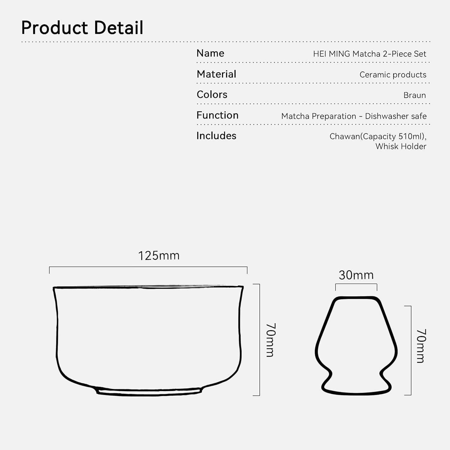 Produktdetails für das HELMING Matcha 2er-Set: braune Keramik-Matchaschale und Besenschlagenhalter, spülmaschinenfest; Schale 125 mm breit und 70 mm hoch, Halter 30 mm breit und 70 mm hoch.
