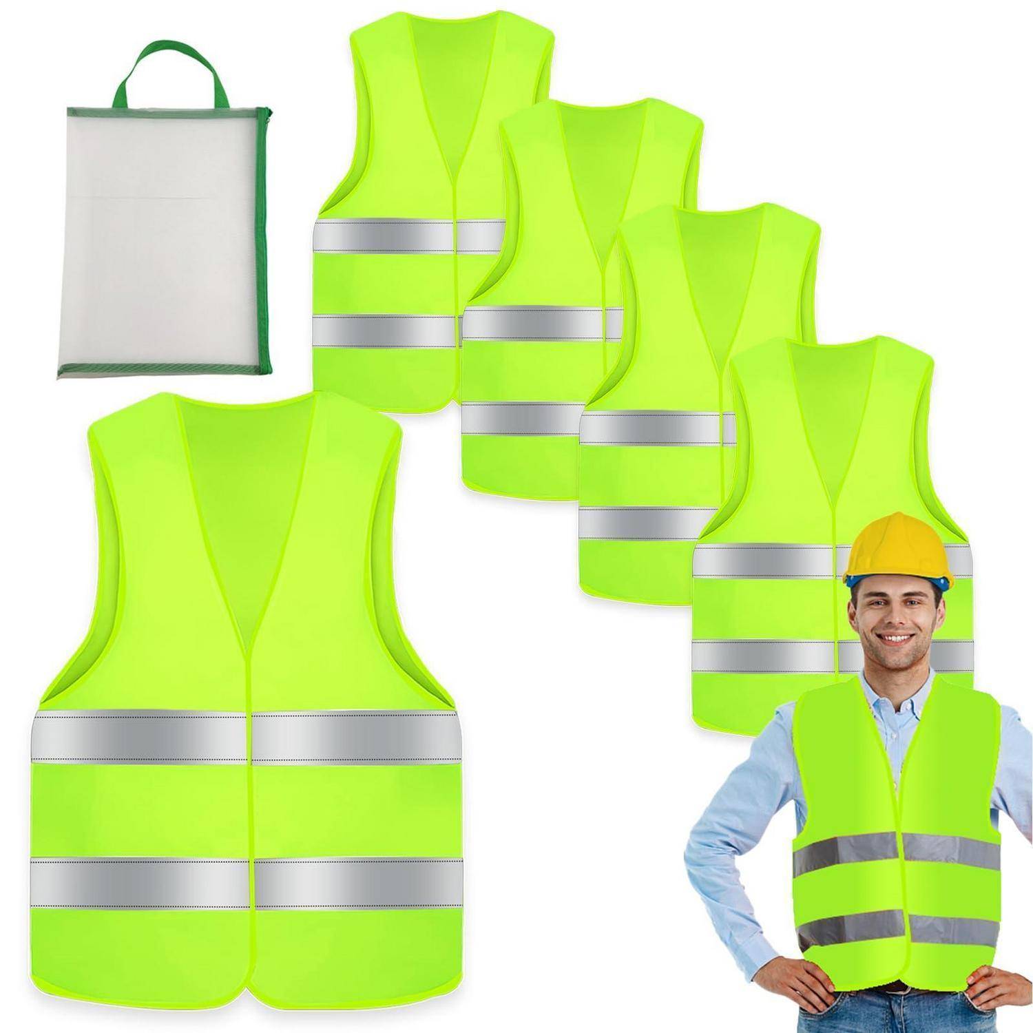 Illustration einer neongelben Sicherheitsweste in verschiedenen Größen, mit einem lächelnden Mann, der eine trägt, und einer gefalteten Weste in einer Tragetasche.
