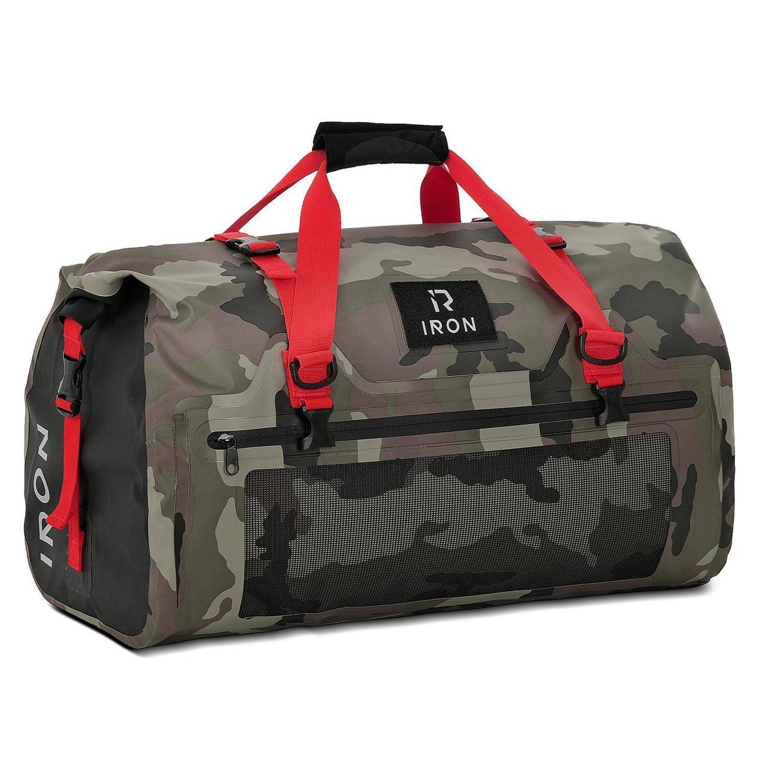 Tarntarn-Reisetasche mit roten Riemen und schwarzer Netzvordertasche, Marke „IRON