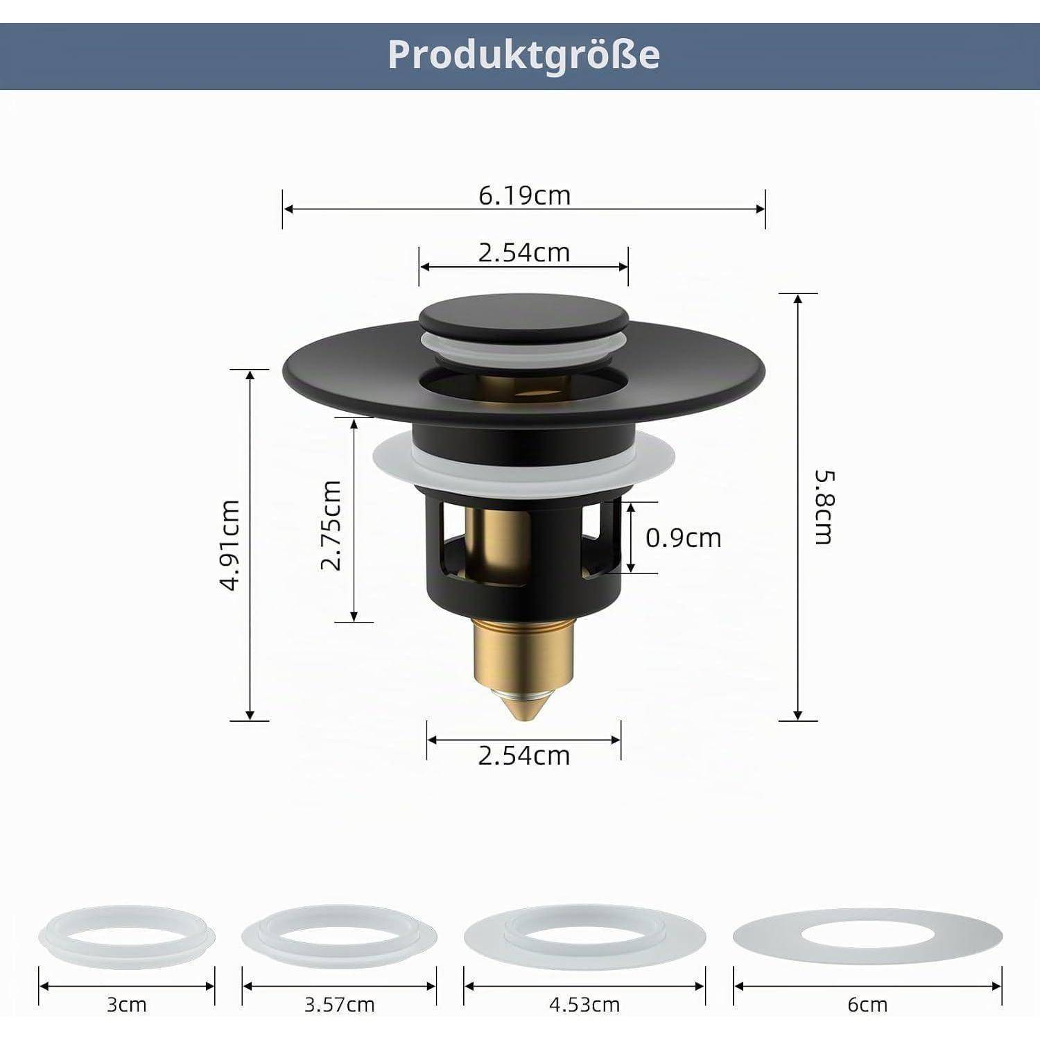 Größendiagramm eines Spülbeckenablaufstoppers, das die Gesamtabmessungen von 6,19 cm Breite und 5,8 cm Höhe zeigt, mit kleineren Teilmaßen und vier Größenoptionen von 3 cm bis 6 cm.