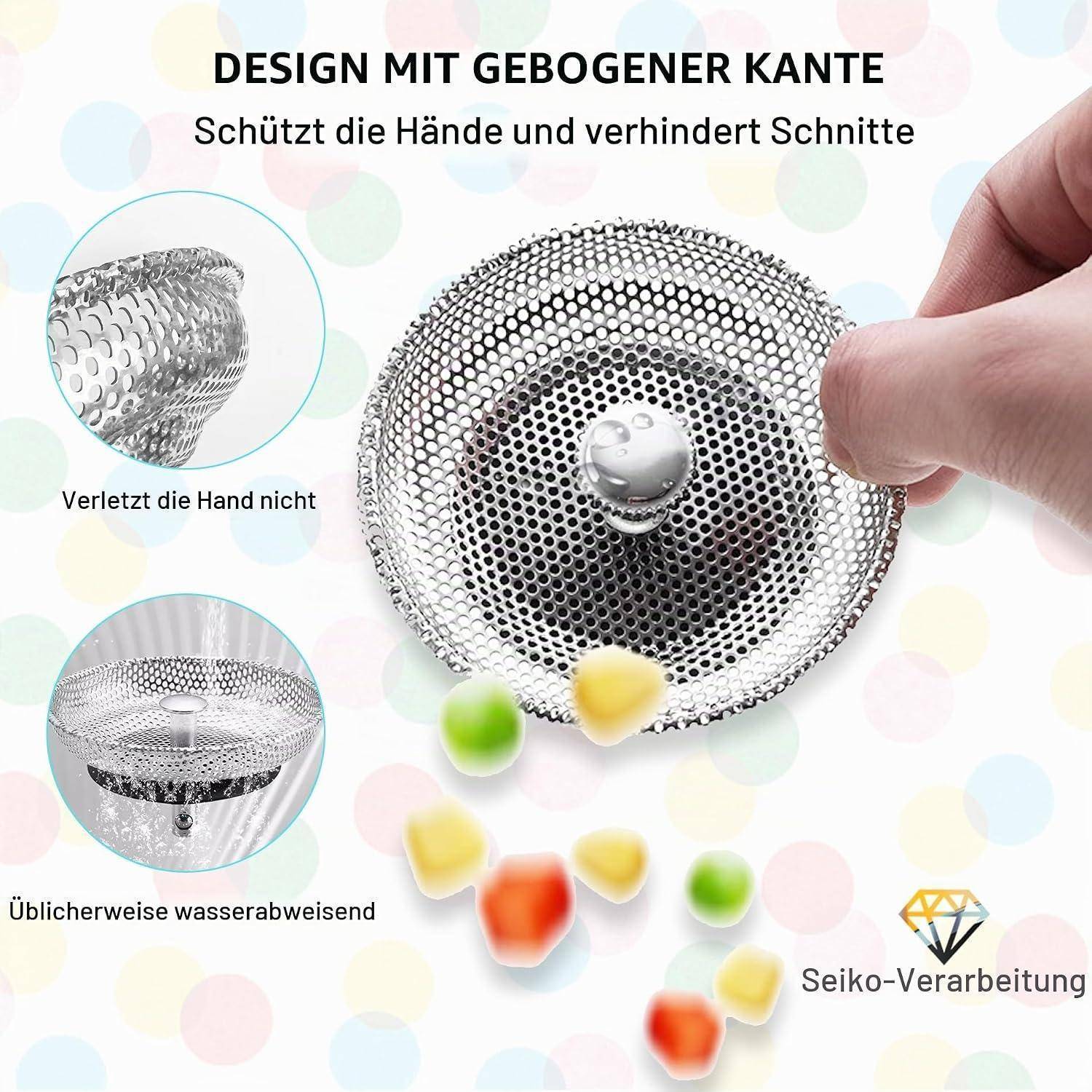Deutsches Produktwerbung, das ein durchlochtes Metallküchensieb mit gekrümmtem Rand zeigt, das von einer Hand gehalten wird, wobei sichere Kanten und Wasserbeständigkeit hervorgehoben werden.
