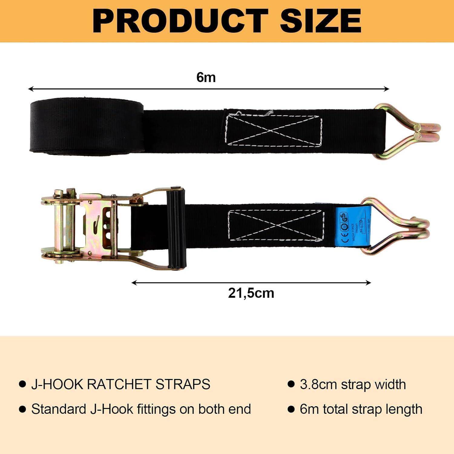Produktgrößendiagramm für J-Haken-Ratschengurte mit 6 m Gesamtgurtlänge und 3,8 cm Gurtbreite, mit Standard-J-Haken-Verschlüssen an beiden Enden.