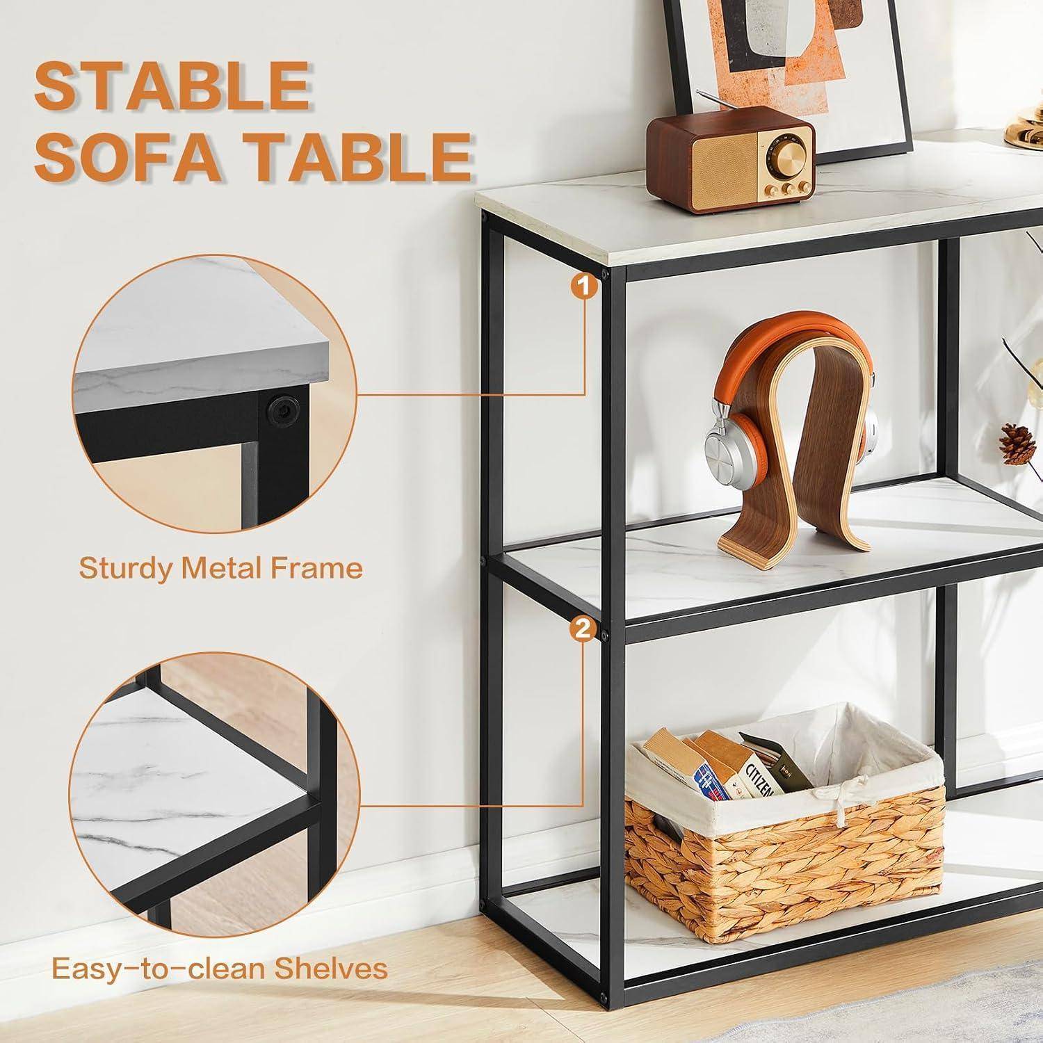 Werbebild eines „STABILEN SOFATISCHES" mit schwarzem Metallrahmen und Regalen, das einen „robusten Metallrahmen"" und „leicht zu reinigende Regale"" mit eingefügten Detailansichten hervorhebt.