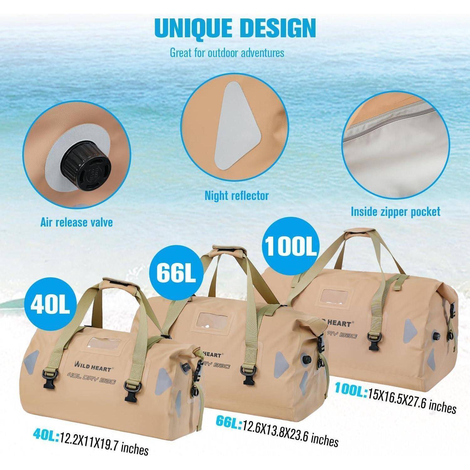 Werbegrafik, die drei beige Wild Heart Reisetaschen in den Größen 40L, 66L und 100L zeigt, mit Hinweisen auf Luftablassventil, Nachtreflektor und innere Reißverschlusstasche.