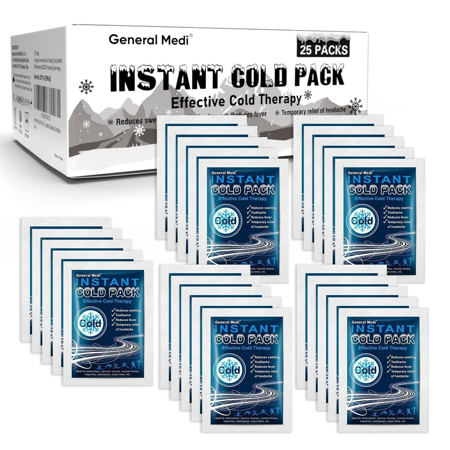 Schachtel mit General Medi Instant-Kältepackungen, mit der Aufschrift „25 PACKS
