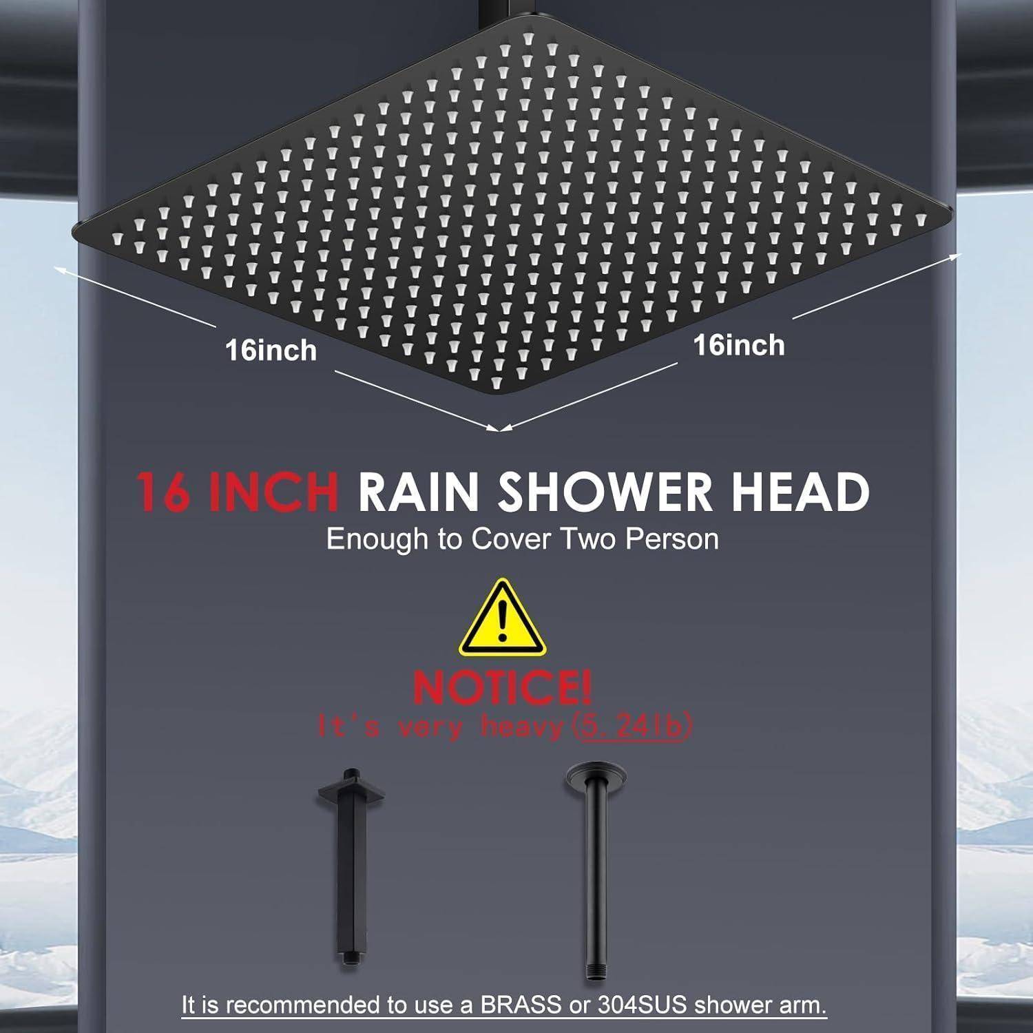 40CM Duschkopf Regendusche Schwarz Groß, 304 Edelstahl Wasserfall Duschkopf Wassersparend, Mit 324 Anti Kalk Düsen, 360° Verstellbarer 16 Zoll Rege