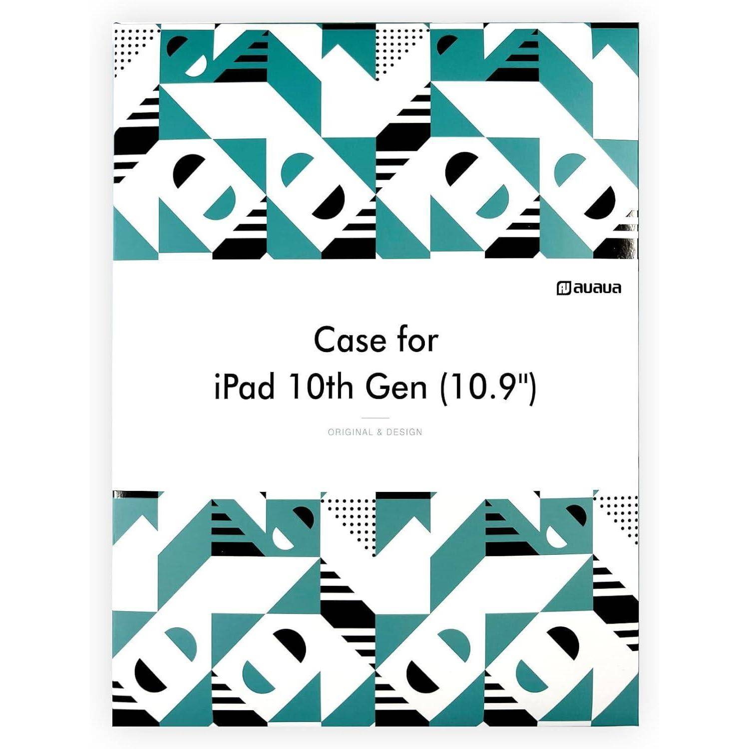 Produktverpackung für ein "auaua"" Etui für iPad 10. Generation (10,9"") mit geometrischem Muster in Petrol, Schwarz und Weiß.
