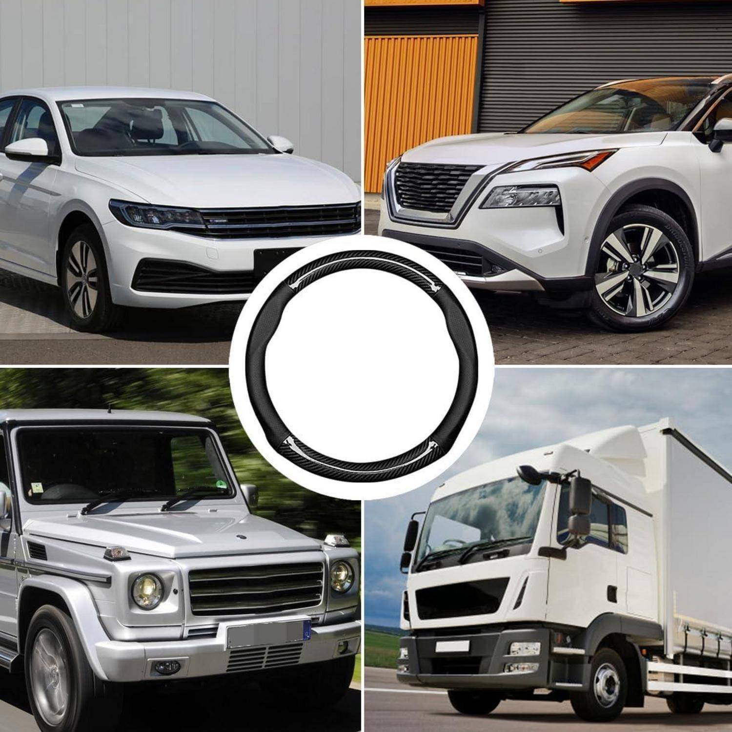 Collage aus vier weißen Fahrzeugen – zwei SUVs, ein Mercedes G-Klasse und ein Kastenwagen – angeordnet um einen leeren kreisförmigen Logobereich.
