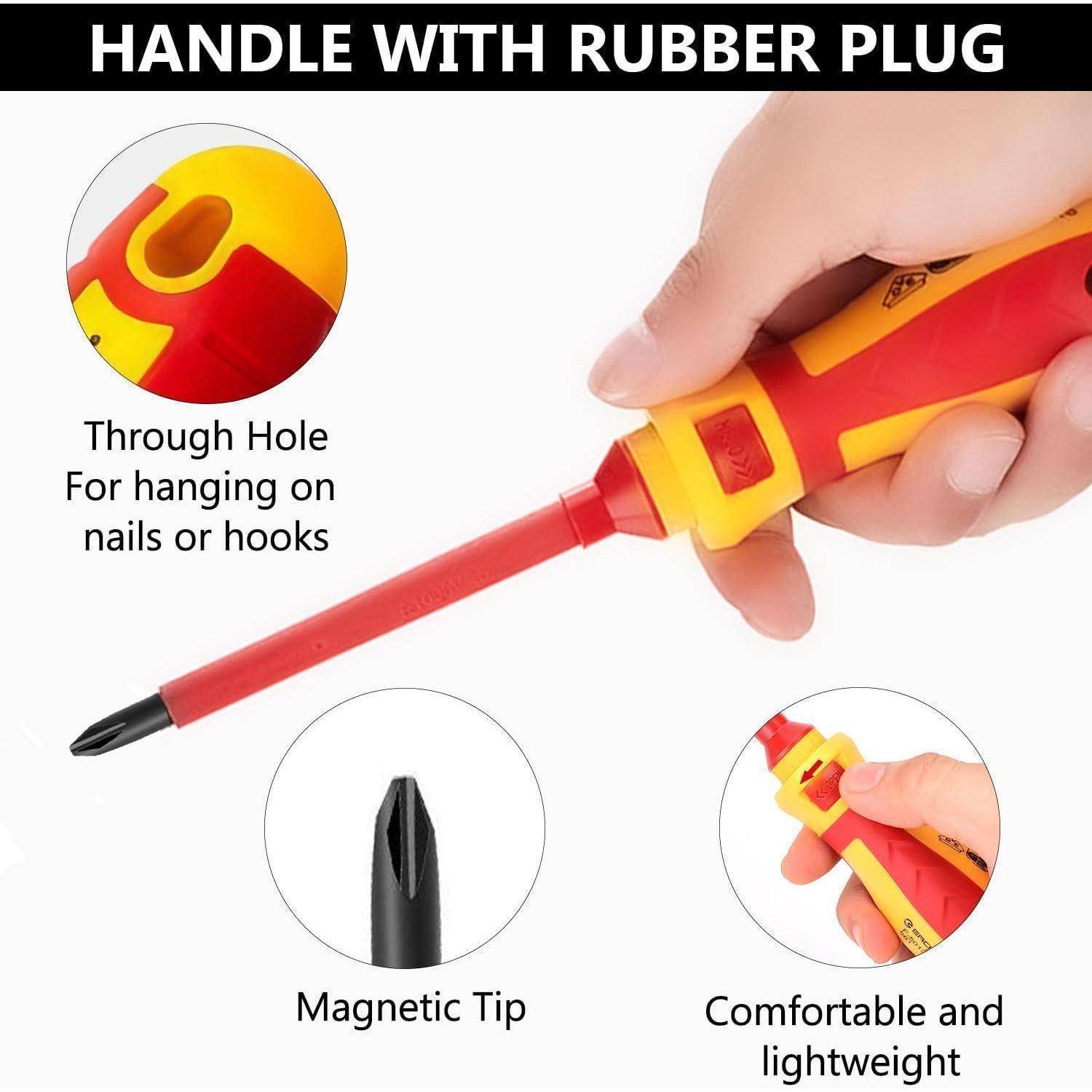 Abbildung eines isolierten Schraubenziehers mit Gummi-Stöpselgriff, magnetischer Spitze, Durchgangsloch zum Aufhängen und ergonomischem sowie leichtgewichtigem Griff.