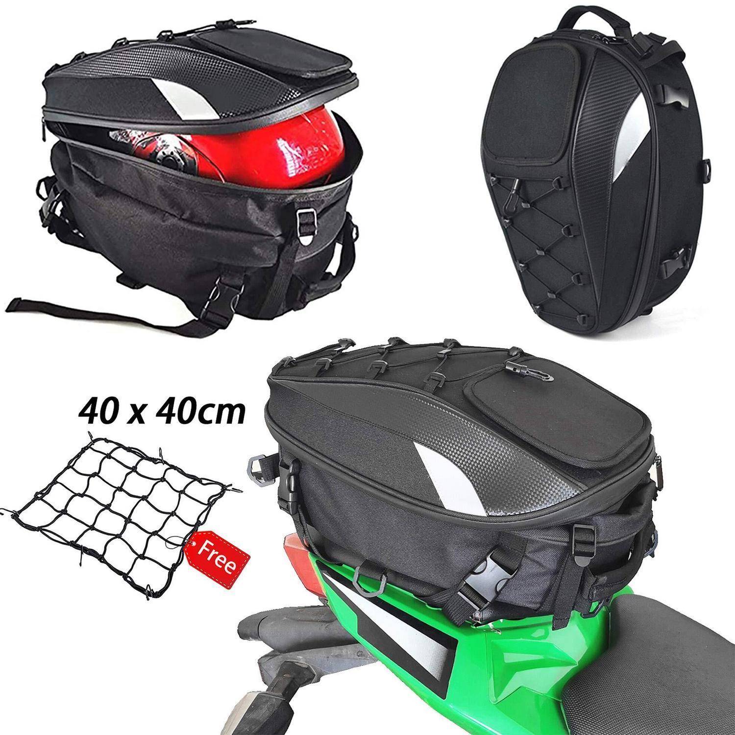 Motorrad-Sitztasche in montierter Form und Rucksackform dargestellt, mit Spannnetz und Größenetikett „40 x 40 cm